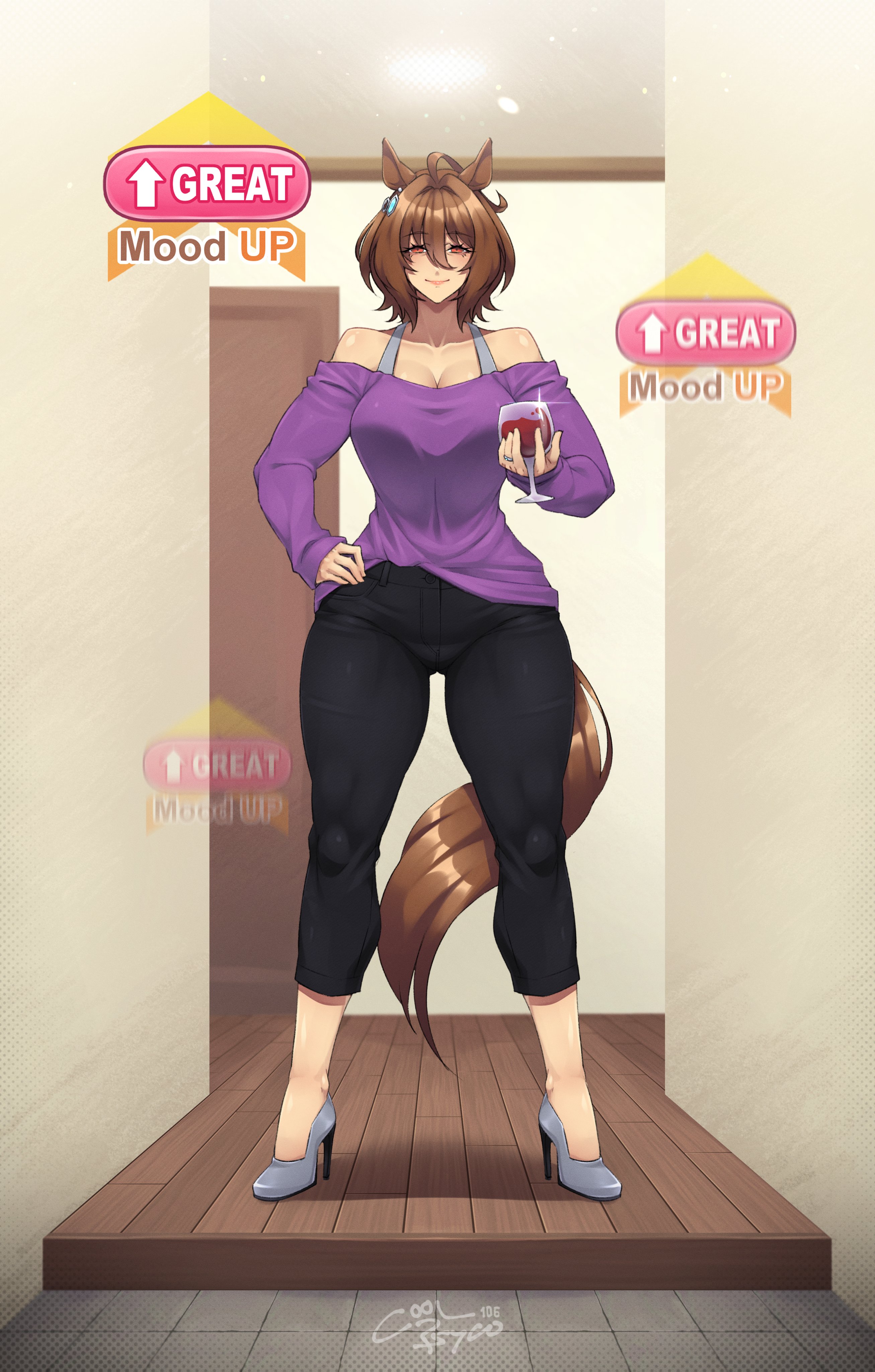 coolpsyco, agnes tachyon (casual) (umamusume), agnes tachyon (umamusume), umamusume, absurdres, highres, 1girl, ahoge, alcohol, animal ears, bare shoulders, breasts, brown hair, cleavage, collarbone, cup, denim, drinking glass, full body, hair between eyes, hair ornament, high heels, horse ears, horse girl, horse tail, jeans, jewelry, large breasts, lips, looking at viewer, mood (umamusume), pants, red eyes, red wine, ring, smile, solo, tail, wedding ring, wine, wine glass