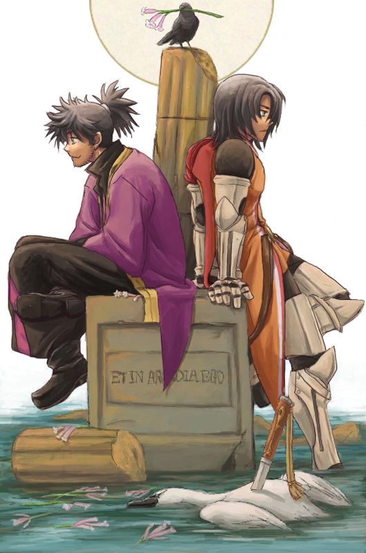 kanta (voxangelica), raven (tales), schwann oltorain, tales of (series), tales of vesperia, md5 mismatch, resolution mismatch, source larger, spoilers, 00s, 2boys, armor, bird, black hair, crow, dagger, dual persona, green eyes, knife, male focus, multiple boys, name connection, object namesake, official alternate costume, sitting, smile, surcoat, weapon