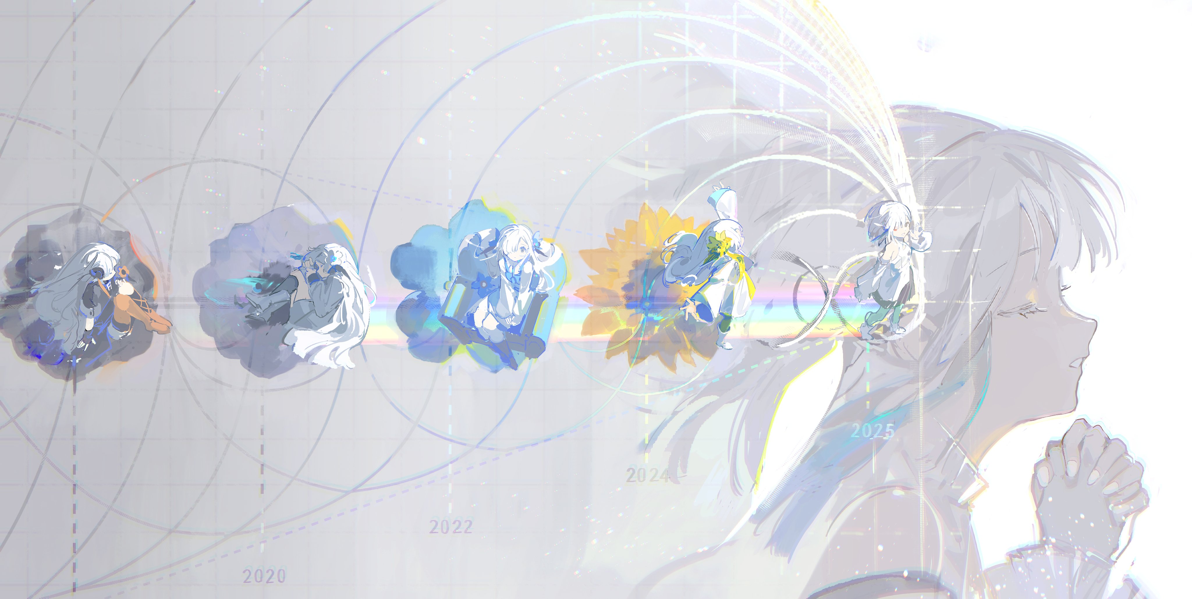 irple, isekaijoucho, kamitsubaki studio, absurdres, highres, 2020, 2022, 2024, 2025, 6+girls, closed eyes, flower, from behind, from side, long hair, multiple girls, multiple persona, own hands clasped, own hands together, simple background, virtual youtuber, white background, white hair