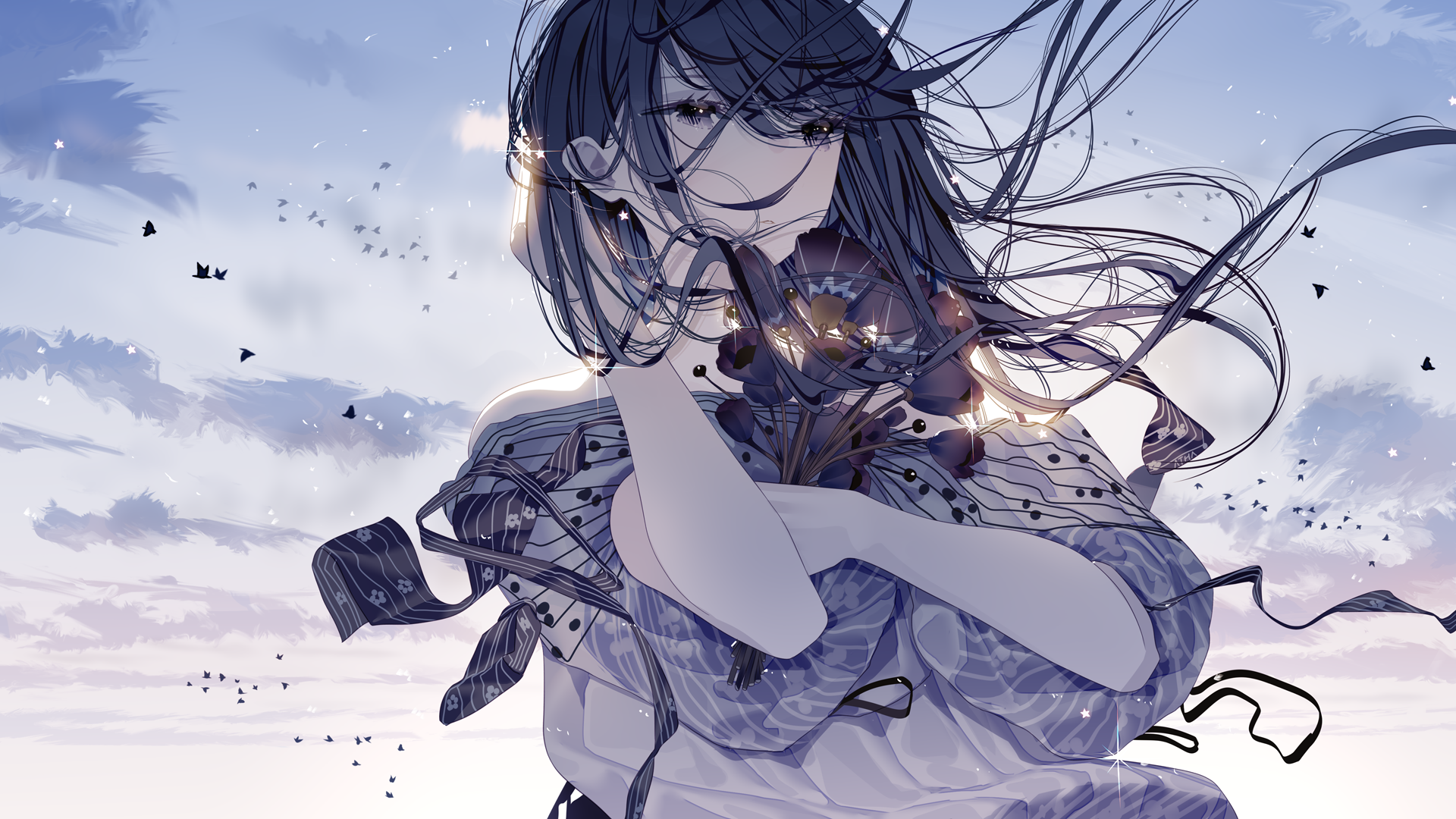 atha (leejuiping), original, highres, 1girl, black hair, brown eyes, day, dress, flower, long hair, outdoors, solo, upper body, wind