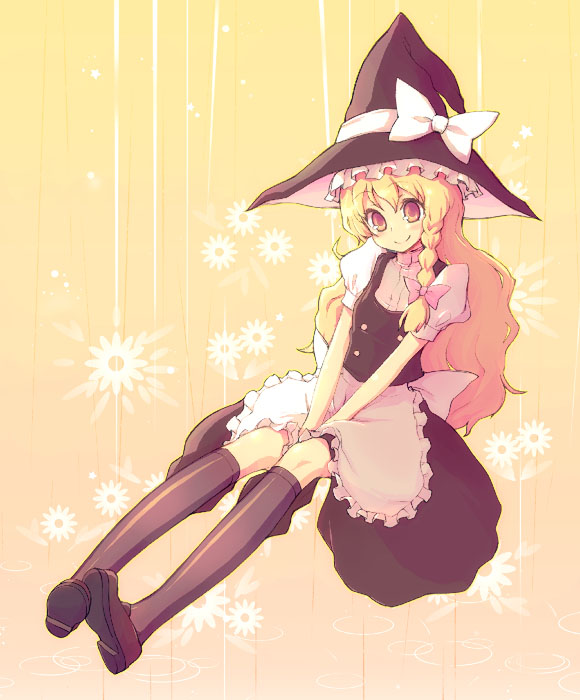 kimarin, kirisame marisa, touhou, duplicate, 1girl, blonde hair, braid, female focus, full body, hat, kneehighs, long hair, socks, solo, witch, witch hat, yellow eyes