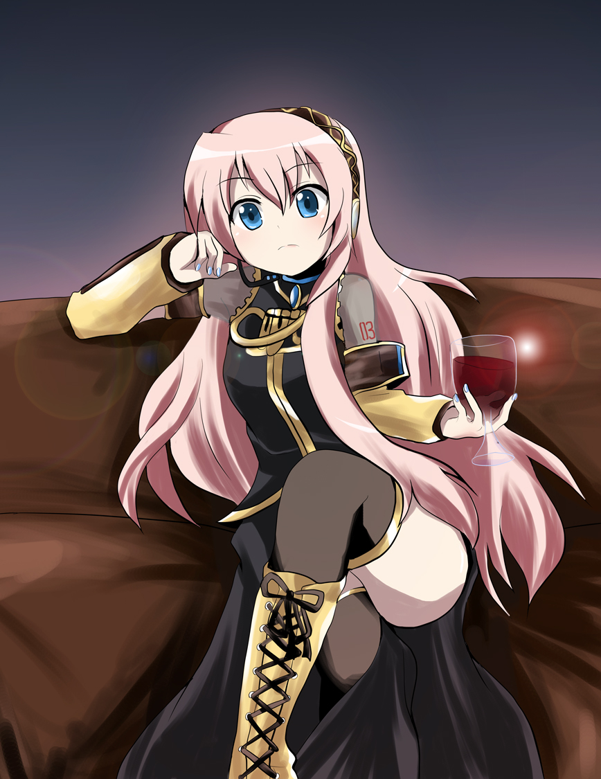 massala, megurine luka, vocaloid, bad id, bad pixiv id, 1girl, alcohol, blue eyes, blue nails, boots, crossed legs, cupping glass, female focus, glass, long hair, nail polish, pink hair, sitting, solo, thighhighs, wine