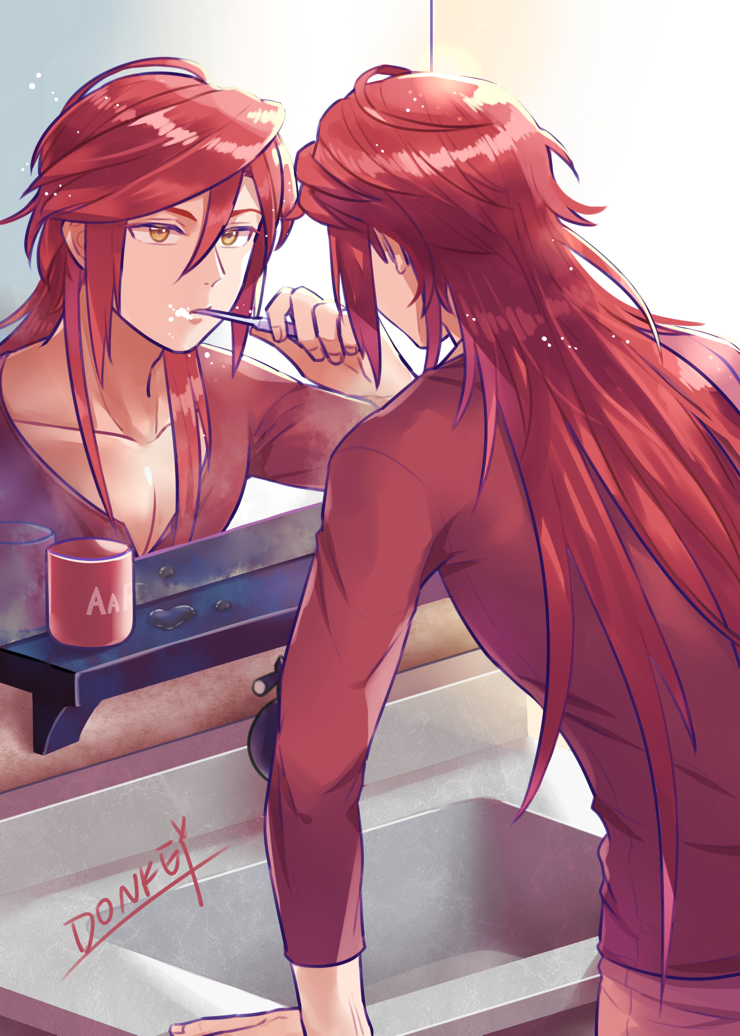 aaron wei, eiyuu densetsu, kai no kiseki, kuro no kiseki (series), kuro no kiseki i, highres, 1boy, aradonkey, artist name, brushing teeth, looking at mirror, low ponytail, male focus, mirror, mullet, pectoral cleavage, pectorals, ponytail, red hair, red shirt, shirt, simple background, solo, yellow eyes