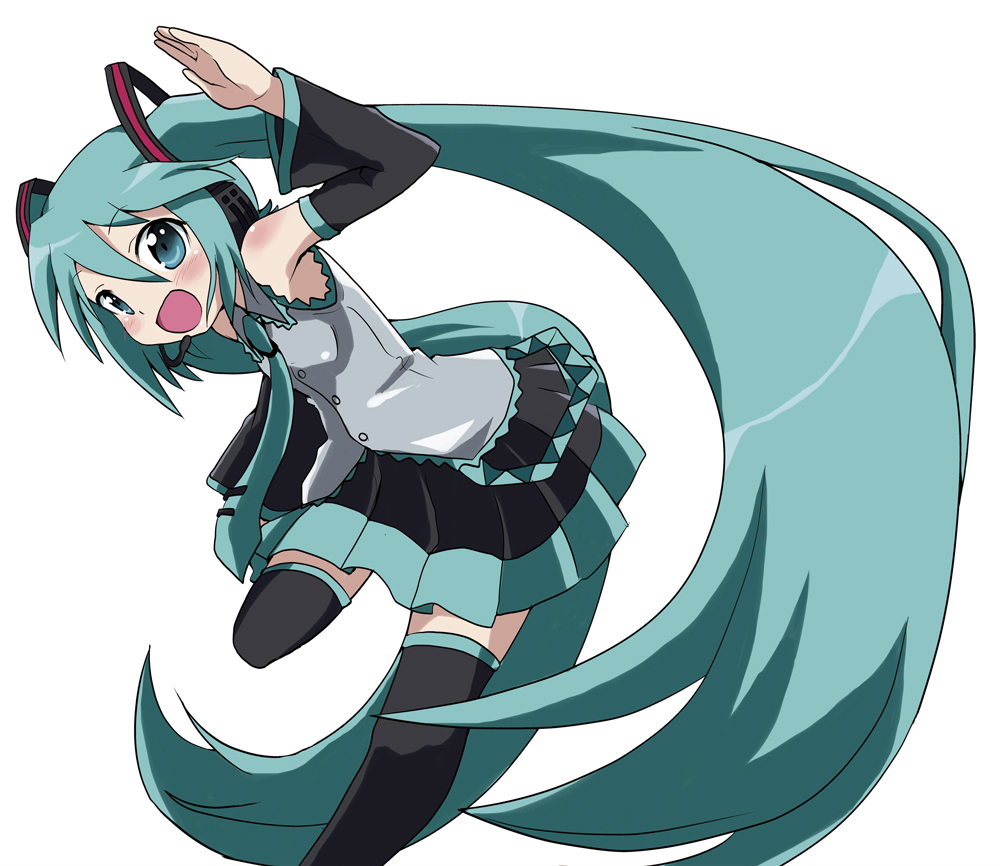 massala, hatsune miku, vocaloid, bad id, bad pixiv id, 1girl, detached sleeves, female focus, green eyes, green hair, headset, long hair, matching hair/eyes, necktie, simple background, skirt, solo, thighhighs, twintails, very long hair, white background, zettai ryouiki