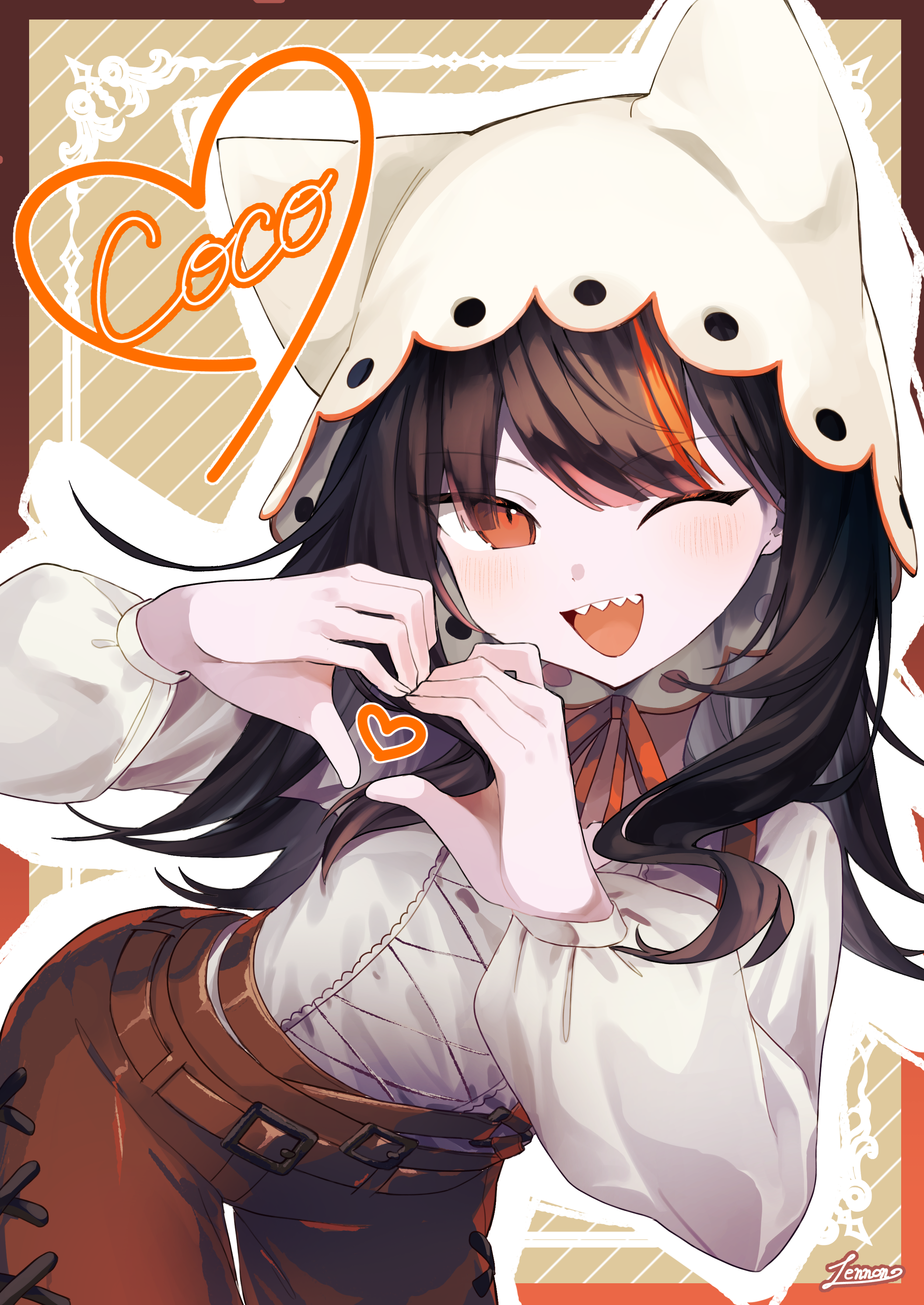 lennonrine, sawatari coco, mahou shoujo no majo saiban, absurdres, commentary request, highres, 1girl, ;d, animal ears, black hair, brown background, brown pants, cat ears, character name, fake animal ears, hat, heart, heart hands, heart in heart hands, leaning forward, long hair, long sleeves, looking at viewer, multicolored hair, official alternate costume, one eye closed, open mouth, orange eyes, orange streaks, pants, sharp teeth, shirt, smile, solo, streaked hair, teeth, treasure cafe, white hat, white shirt