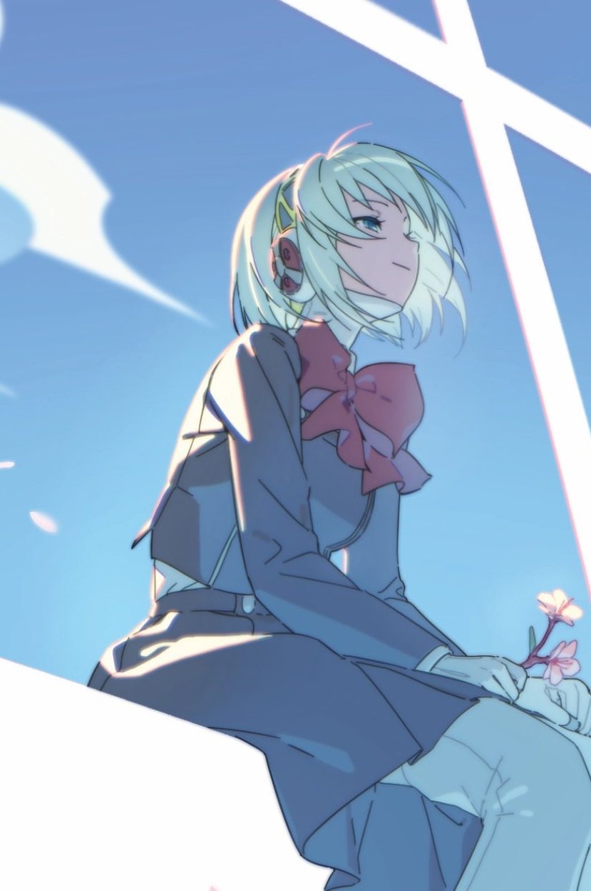 7 ps, aigis (persona), persona, persona 3, commentary request, highres, korean commentary, 1girl, android, black jacket, black skirt, blonde hair, blue eyes, bow, bowtie, branch, cherry blossoms, closed mouth, feet out of frame, flower, from below, gekkoukan high school uniform, gold hairband, hairband, holding, holding branch, jacket, light smile, looking ahead, pink flower, red bow, red bowtie, robot ears, school uniform, short hair, sitting, skirt, solo