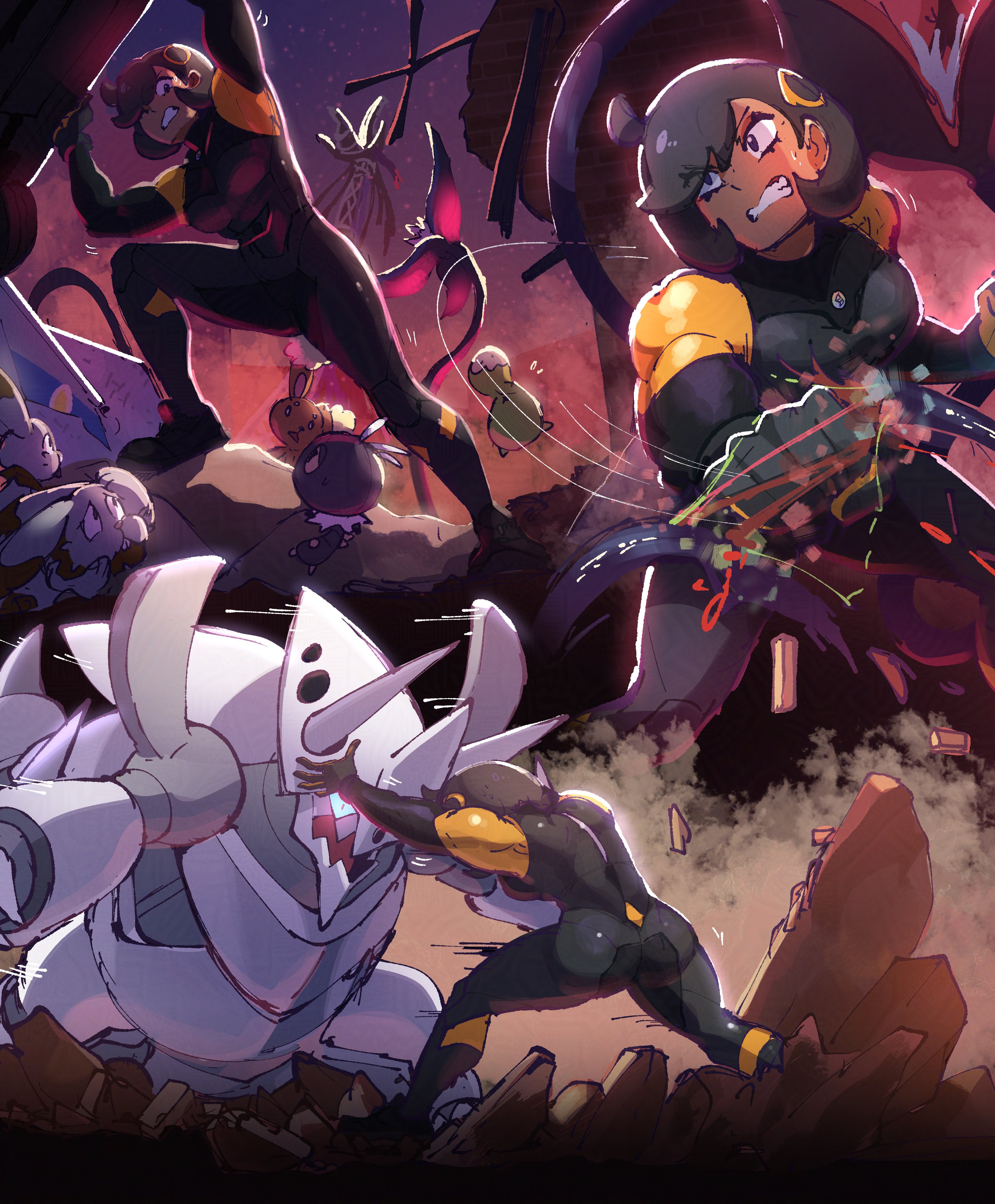 juno son, aggron, budew, buneary, bunnelby, emma (pokemon), mega aggron, scatterbug, nintendo, pokemon, pokemon legends: z-a, absurdres, commentary, english commentary, highres, spoilers, 1girl, alternate muscle size, animal ears, animal nose, ass, black bodysuit, black hair, bodysuit, brown fur, buck teeth, bug, dark-skinned female, dark skin, gen 3 pokemon, gen 4 pokemon, gen 6 pokemon, horns, latex, latex bodysuit, lumiose city, mega pokemon, mega stone, muscular, muscular female, outdoors, pokemon (creature), prism tower, purple eyes, rabbit, rabbit ears, short hair, teeth, two-tone fur, yellow fur