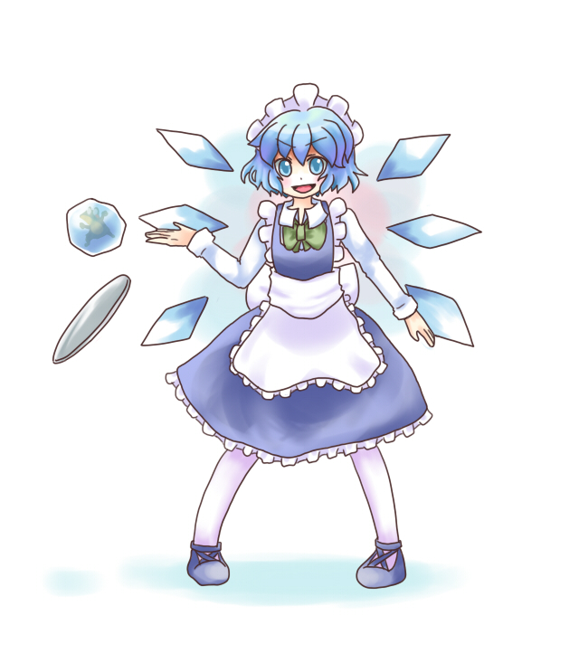 nuime, cirno, izayoi sakuya, touhou, bad id, bad pixiv id, 1girl, alternate costume, apron, blue eyes, blue hair, cosplay, enmaided, female focus, ice, ice wings, izayoi sakuya (cosplay), maid, maid apron, maid headdress, matching hair/eyes, numie, pantyhose, short hair, solo, tray, wings