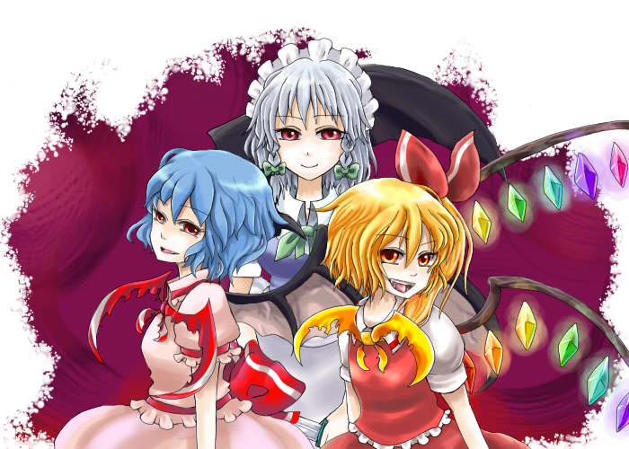 nuime, flandre scarlet, izayoi sakuya, remilia scarlet, embodiment of scarlet devil, touhou, silver hair, bad id, bad pixiv id, 3girls, bat wings, blonde hair, braid, female focus, multiple girls, numie, ponytail, red eyes, short hair, side ponytail, twin braids, wings