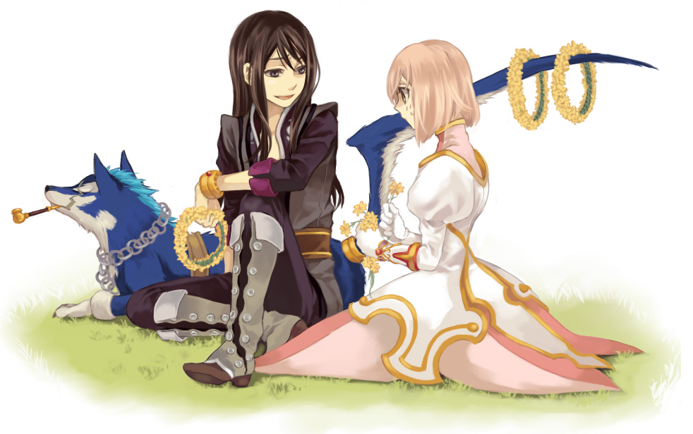 miho (mi), estellise sidos heurassein, repede (tales), yuri lowell, tales of (series), tales of vesperia, grey footwear, 00s, 1boy, 1girl, black eyes, black hair, boots, bracelet, chain, dog, flower, gloves, green eyes, jewelry, kiseru, knee boots, pink hair, sitting, smile, smoking pipe