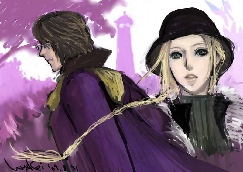 uryukei, ellen (folkssoul), keats, folkssoul, blonde hair, braid, brown hair, green eyes, hat, long hair, short hair