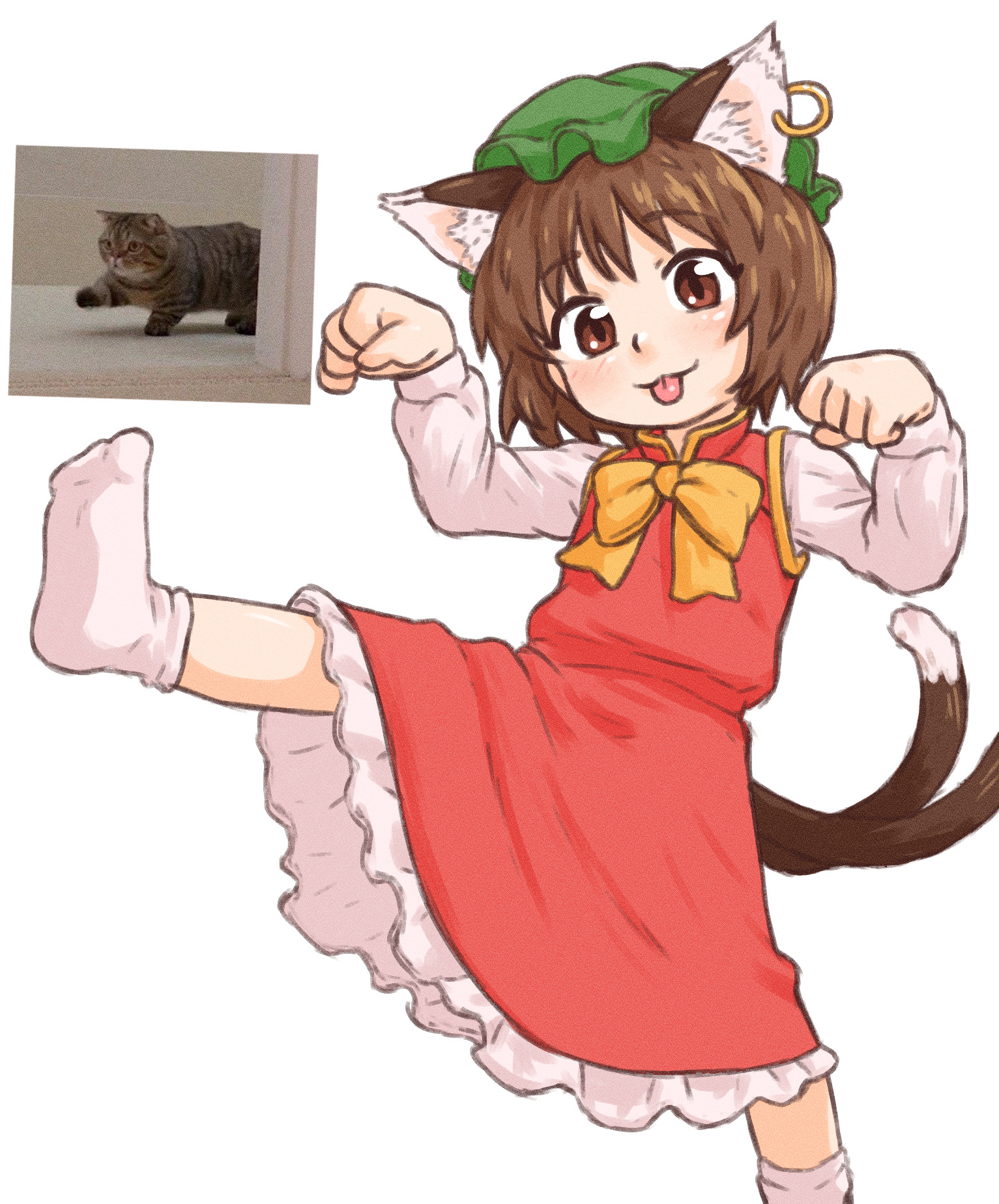 beachepisode, chen, touhou, highres, 1girl, :3, animal ear fluff, animal ear piercing, animal ears, bow, bowtie, brown eyes, brown hair, cat ears, cat girl, cat tail, clenched hands, closed mouth, dress, frilled dress, frills, green hat, hands up, hat, leg up, long sleeves, looking at viewer, mob cap, multiple tails, no shoes, photo inset, pinafore dress, red dress, reference inset, shirt, short hair, simple background, sleeveless, sleeveless dress, smile, socks, solo, tail, tongue, tongue out, two tails, white background, white shirt, white socks, yellow bow, yellow bowtie