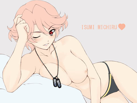 miyata sou, isumi michiru, kimi ga ita kisetsu, lowres, official art, 1girl, ;d, arm support, bed, black panties, blush, breast press, breasts, character name, cleavage, dog tags, dutch angle, female focus, flat color, grin, hair between eyes, hand on own head, heart, indoors, jewelry, large breasts, lying, necklace, nipples, on side, one eye closed, open mouth, panties, parted bangs, pink hair, red eyes, short hair, simple background, smile, solo, topless female, underwear, underwear only, wink