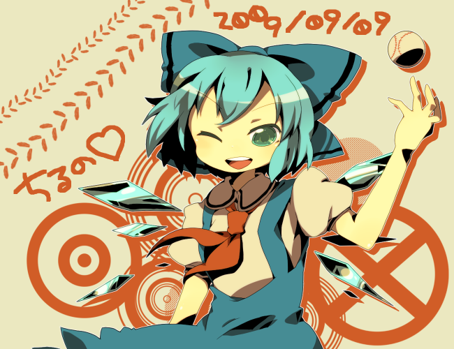 azuma seiji, cirno, embodiment of scarlet devil, touhou, 1girl, blue hair, bow, circled 9, female focus, green eyes, hair bow, one eye closed, short hair, solo, wink