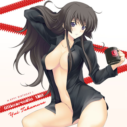miyata sou, takamura yui, muv-luv, muv-luv alternative, muv-luv total eclipse, total eclipse, 1girl, adjusting hair, arm behind head, birthday, blush, bottomless, breasts, character name, cleavage, cup, dress shirt, female focus, happy birthday, hime cut, large breasts, long hair, mug, naked shirt, navel, no bra, no panties, open clothes, open shirt, purple eyes, shirt, sitting, solo