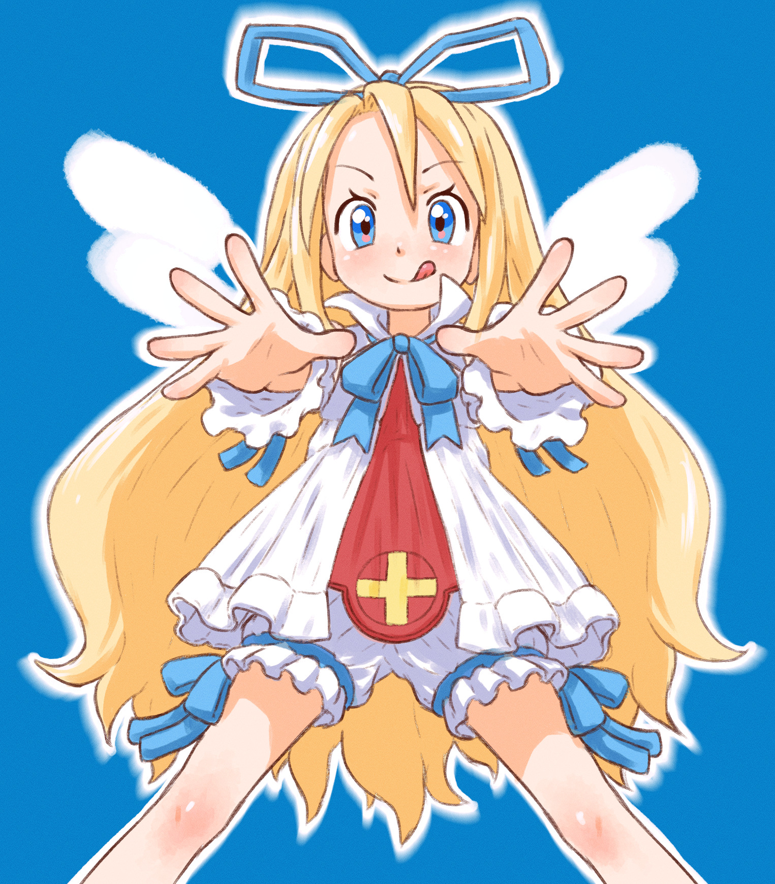beachepisode, flonne, disgaea, commentary, english commentary, highres, 1girl, :q, blonde hair, bloomers, blue background, blue bow, blue bowtie, blue eyes, blue ribbon, bow, bowtie, closed mouth, collared shirt, hair bow, long hair, long sleeves, looking at viewer, open hands, outline, outstretched arms, reaching, reaching towards viewer, red shirt, ribbon, shirt, sleeve ribbon, smile, solo, split mouth, tongue, tongue out, two-tone shirt, underwear, very long hair, white bloomers, white outline, white shirt