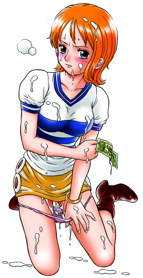 irie yamazaki, nami (one piece), nami (one piece) (east blue), one piece, 1girl, aftersex, blush, cum, cum in pussy, cum on body, cum on lower body, cumdrip, cumdrip onto panties, facial, money, orange hair, panties, panty pull, pink panties, prostitution, short hair, simple background, underwear, white background