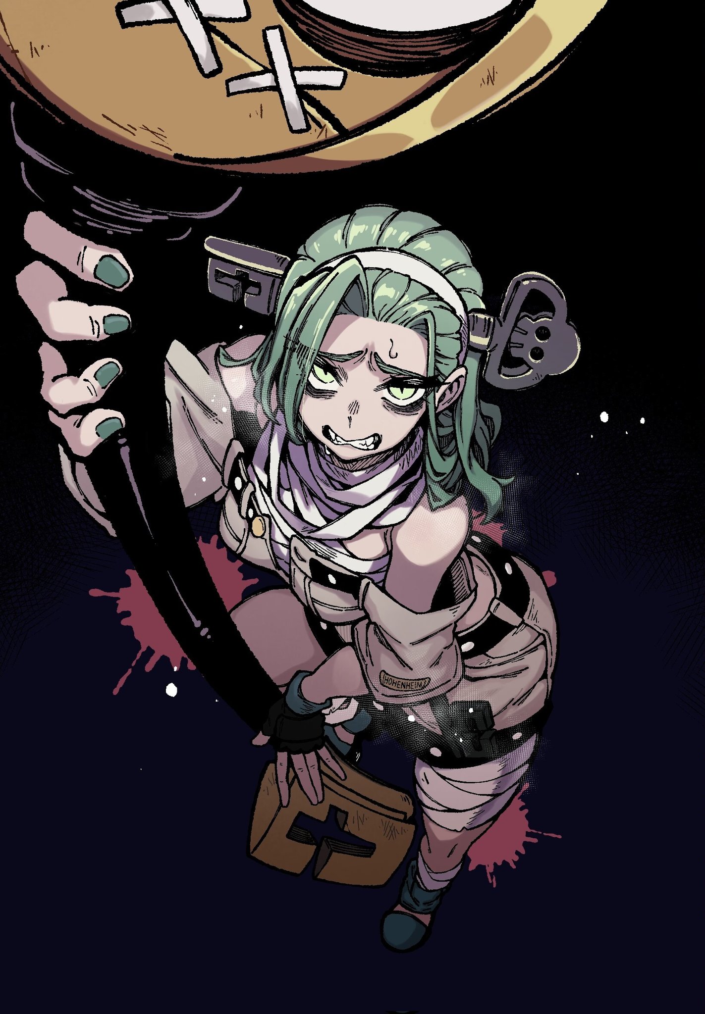 a.b.a, paracelsus (guilty gear), guilty gear, guilty gear strive, highres, 1girl, amaya 5321, bandaged leg, bandaged neck, bandages, belt, breasts, clenched teeth, curtained hair, fingerless gloves, from above, gloves, green eyes, green hair, green nails, headband, holding, holding weapon, key in head, long hair, looking at viewer, mask, nail polish, object through head, parted hair, shorts, slit pupils, solo, straight hair, sweat, teeth, weapon, worried