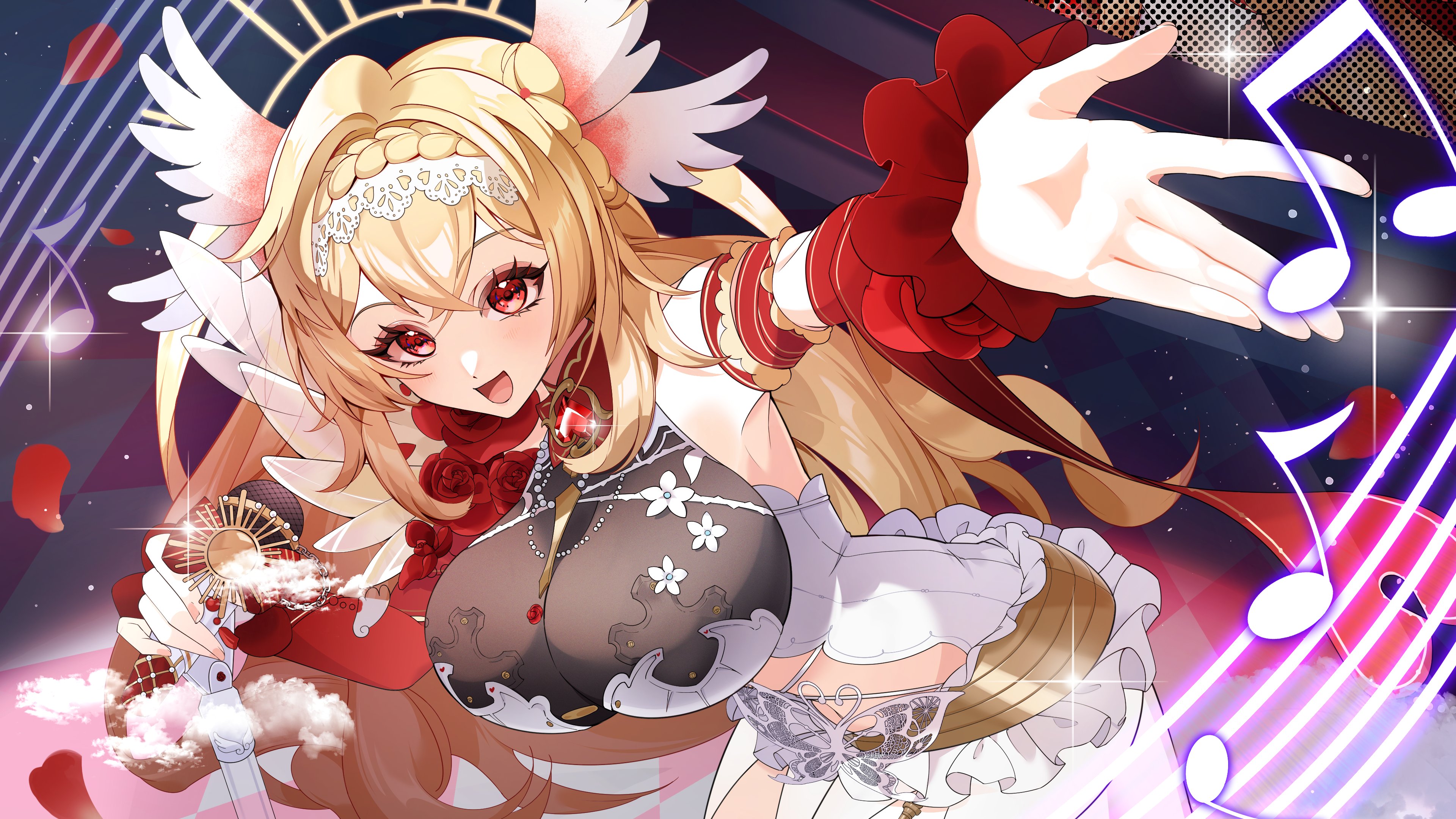 indie virtual youtuber, absurdres, artist request, highres, 1girl, angel steps, blonde hair, braid, breasts, butterfly ornament, detached sleeves, flower, head wings, holding, holding microphone, large breasts, long hair, microphone, musical note, open mouth, red eyes, red flower, red rose, red sleeves, rose, see-through cleavage, see-through clothes, solo, virtual youtuber, white wings, wings