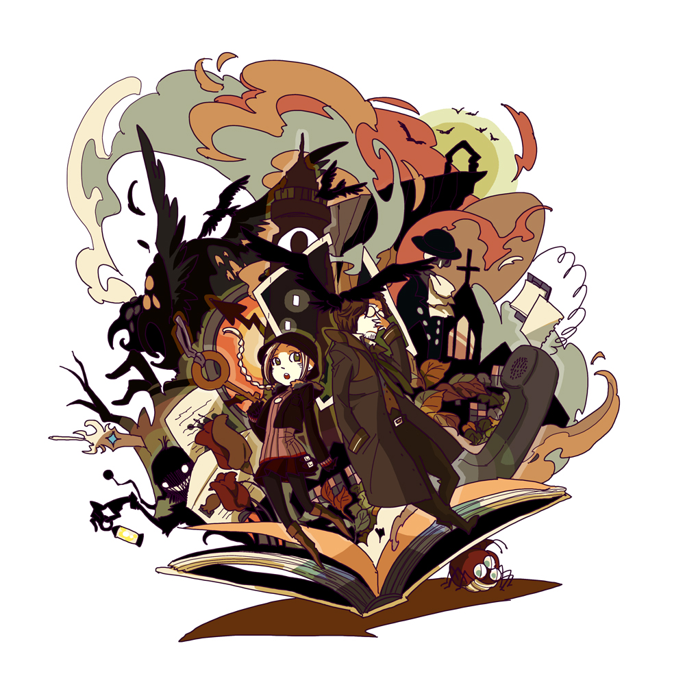 koyahara, belgae, ellen (folkssoul), keats, scarecrow (folkssoul), folkssoul, blonde hair, braid, brown hair, coat, glasses, hat, long hair, short hair, trench coat