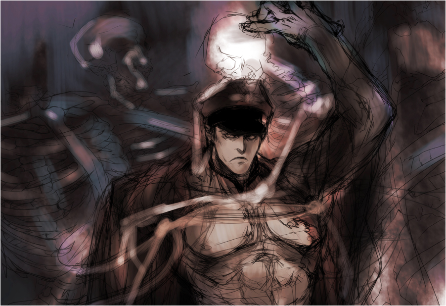 hideaki, m. bison, capcom, boss, tagme, 1boy, bara, bone, skeleton, white eyes