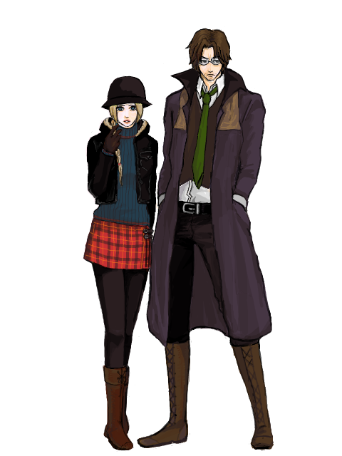 miisuke, ellen (folkssoul), keats, folkssoul, blonde hair, blue eyes, braid, brown hair, coat, glasses, hat, long hair, pantyhose, plaid clothes, plaid skirt, short hair, skirt, trench coat