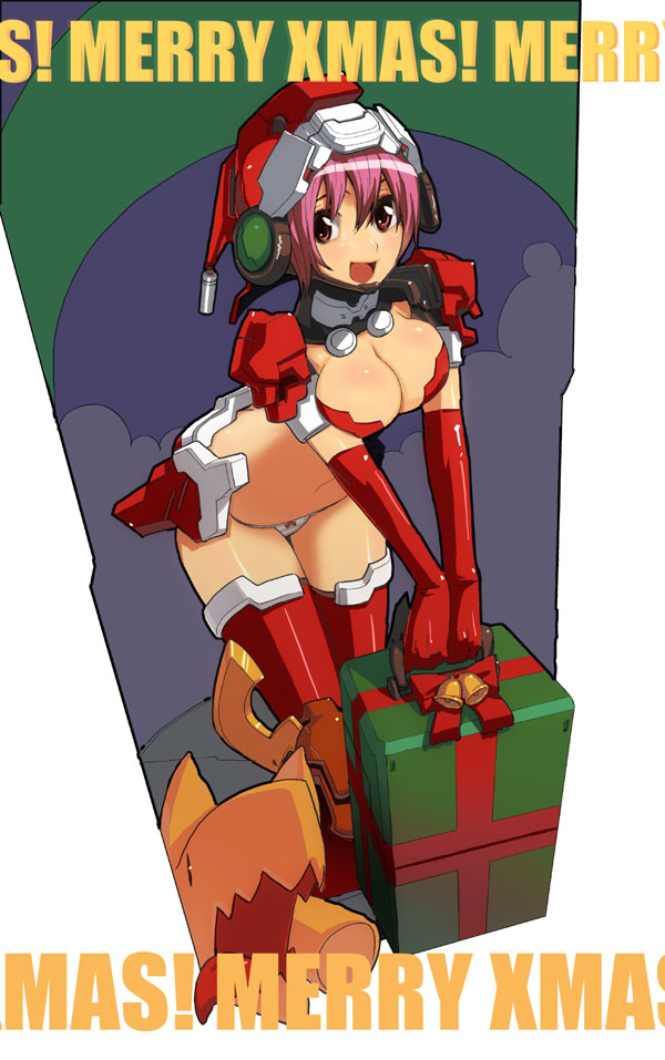 makishima azusa, original, 1girl, bell, bow, bow panties, breasts, christmas, cleavage, elbow gloves, female focus, gift, gloves, hat, large breasts, leaning forward, lowleg, lowleg panties, panties, pink hair, red eyes, red gloves, red thighhighs, santa costume, santa hat, short hair, solo, thighhighs, underwear, white panties