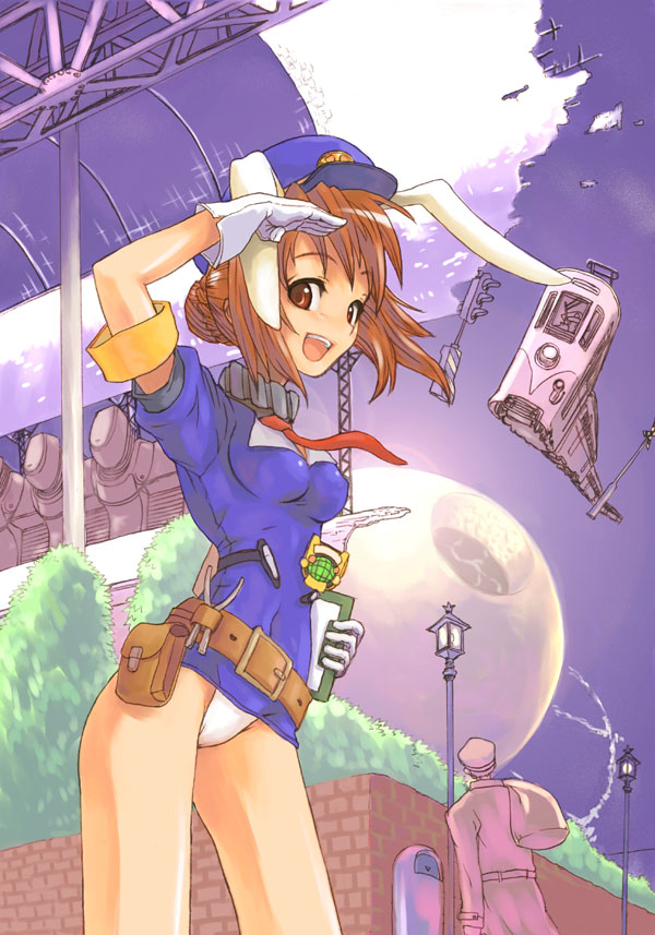 makishima azusa, original, uniform, animal ears, belt, brown eyes, brown hair, clipboard, gloves, hair bun, hair up, hat, necktie, no pants, panties, rabbit ears, salute, single hair bun, solo, train, train attendant, travel attendant, underwear, white panties