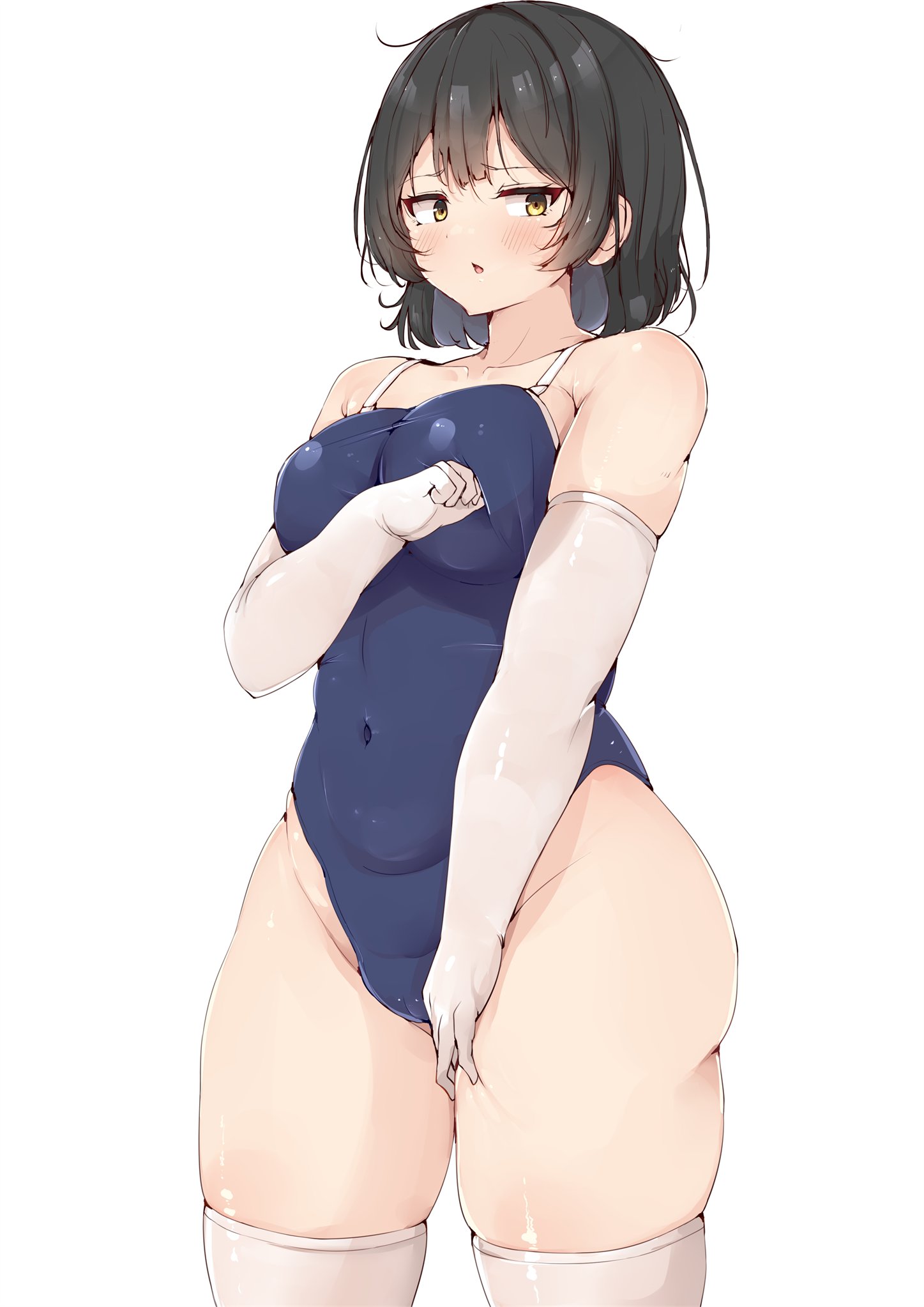 shinonon (iso shino), original, commentary, commentary request, highres, 1girl, black hair, black one-piece swimsuit, blush, breasts, covered navel, cowboy shot, curvy, elbow gloves, gloves, groin, large breasts, looking at viewer, navel, one-piece swimsuit, open mouth, short hair, simple background, skindentation, solo, swimsuit, thighhighs, white background, white gloves, white thighhighs, yellow eyes