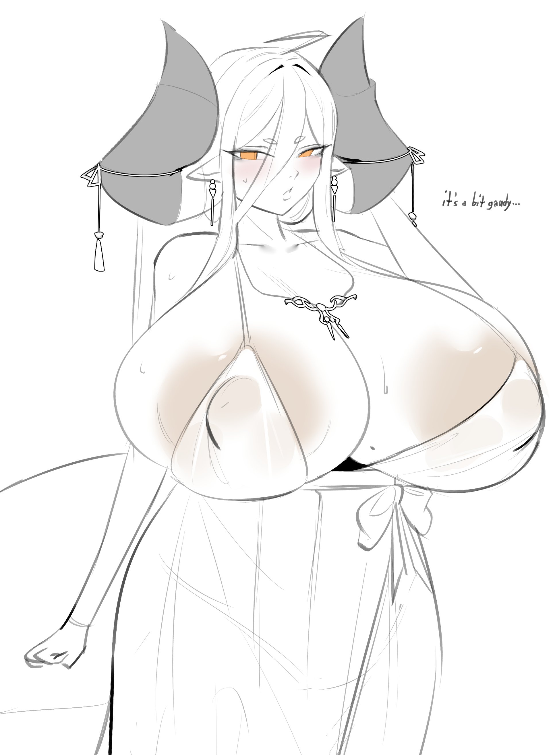 crabb, original, absurdres, highres, 1girl, areola slip, blush, breasts, cleavage, covered erect nipples, dress, earrings, english text, hair between eyes, horns, huge breasts, jewelry, looking at viewer, necklace, orange eyes, pointy ears, sidelocks, solo