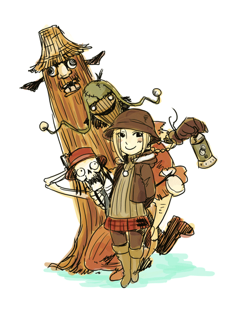 ellen (folkssoul), scarecrow (folkssoul), folkssoul, blonde hair, braid, chibi, hat, long hair, pantyhose, plaid clothes, plaid skirt, skirt