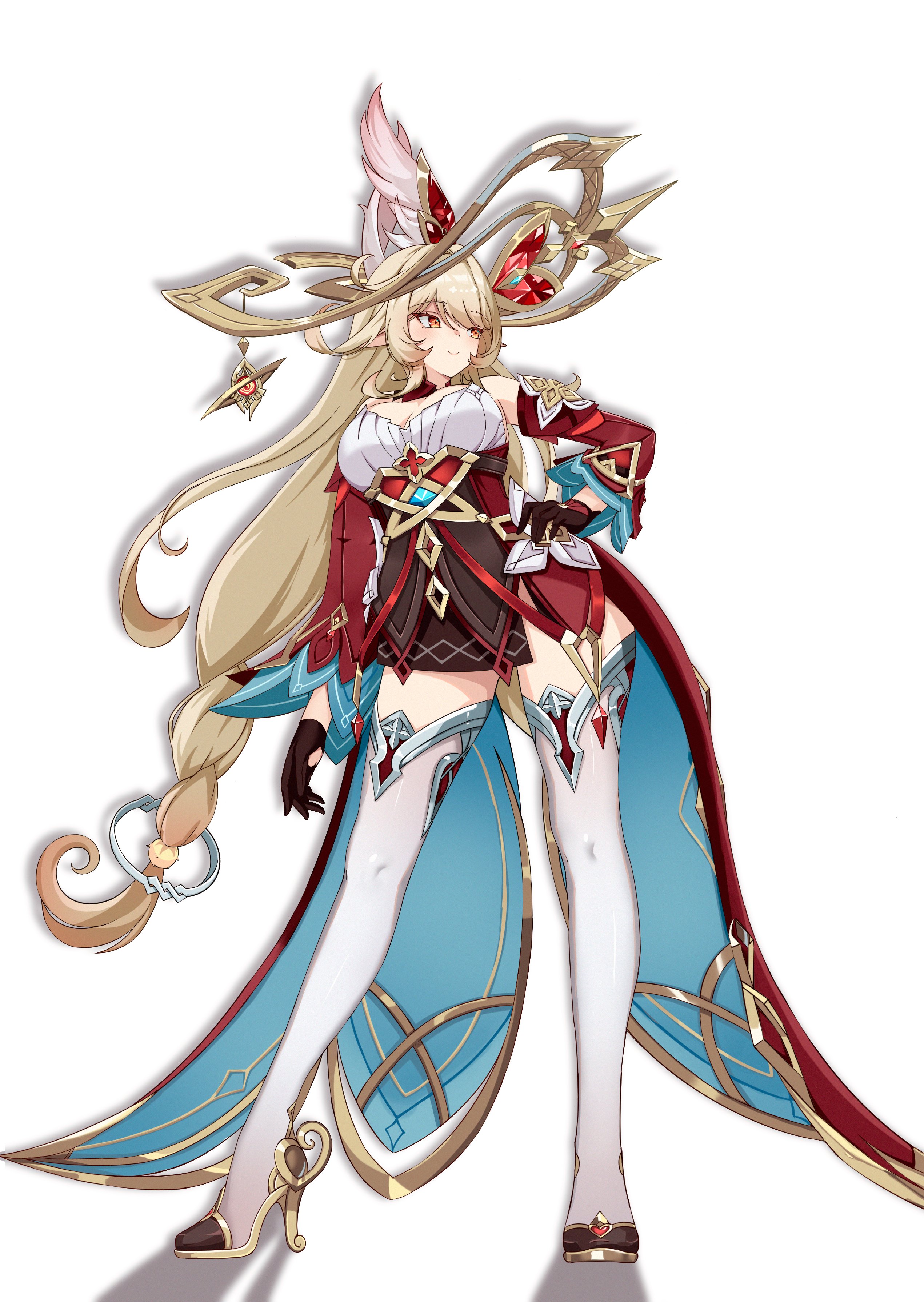 sylux, alice (genshin impact), genshin impact, absurdres, commentary, highres, 1girl, bare shoulders, black gloves, blonde hair, breasts, cleavage, closed mouth, contrapposto, detached sleeves, dress, full body, gloves, hair between eyes, hand on own hip, high heels, large breasts, long hair, long sleeves, looking to the side, pointy ears, pyro symbol (genshin impact), red dress, red sleeves, simple background, smile, solo, standing, strapless, strapless dress, thighhighs, very long hair, vision (genshin impact), white background, white thighhighs