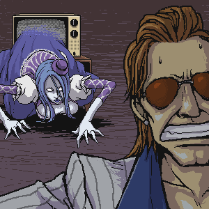 asato (artist), frizzie, wilde, folkssoul, the ring, lowres, blue hair, hat, pale skin, parody, sunglasses, television