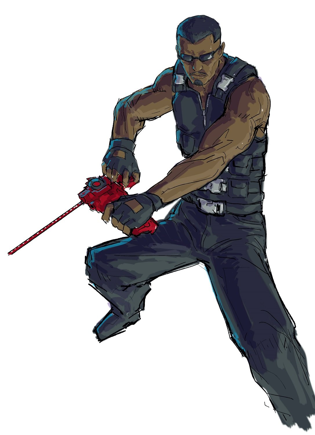 adi (adivider), blade (marvel), beyblade, blade (series), marvel, highres, 1boy, beyblade (object), black facial hair, black pants, body armor, bulletproof vest, dark-skinned male, dark skin, expressionless, facial hair, fingerless gloves, gloves, pants, solo, sunglasses, white background