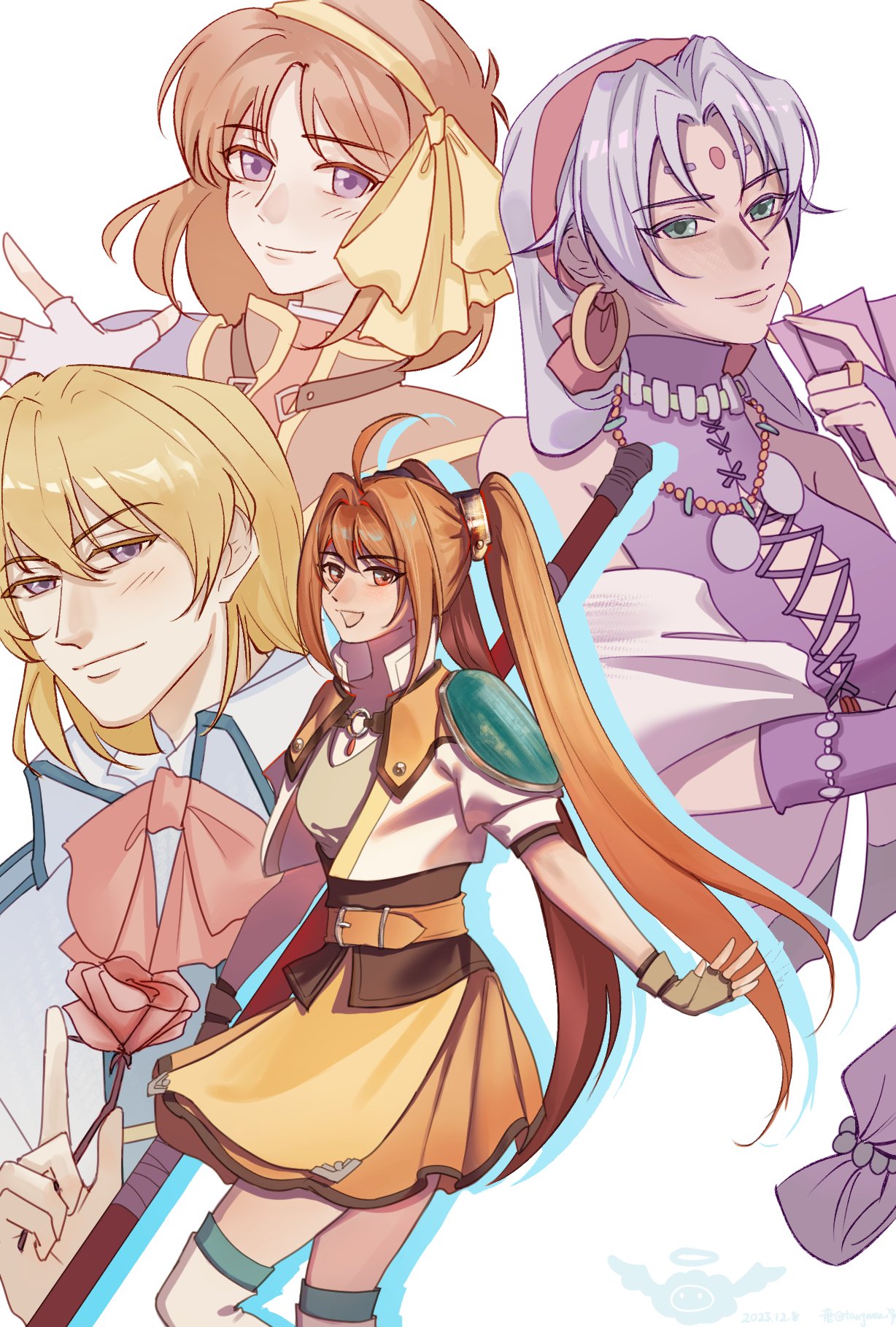 tangmen igo, anelace elfead, estelle bright, olivert reise arnor, scherazard harvey, eiyuu densetsu, falcom, sora no kiseki, highres, 1boy, 3girls, antenna hair, armor, blonde hair, brown gloves, cropped jacket, dark-skinned female, dark skin, facial mark, fingerless gloves, forehead jewel, forehead mark, gloves, hair intakes, multiple girls, orange skirt, pauldrons, shoulder armor, simple background, skirt, staff, twintails, white hair