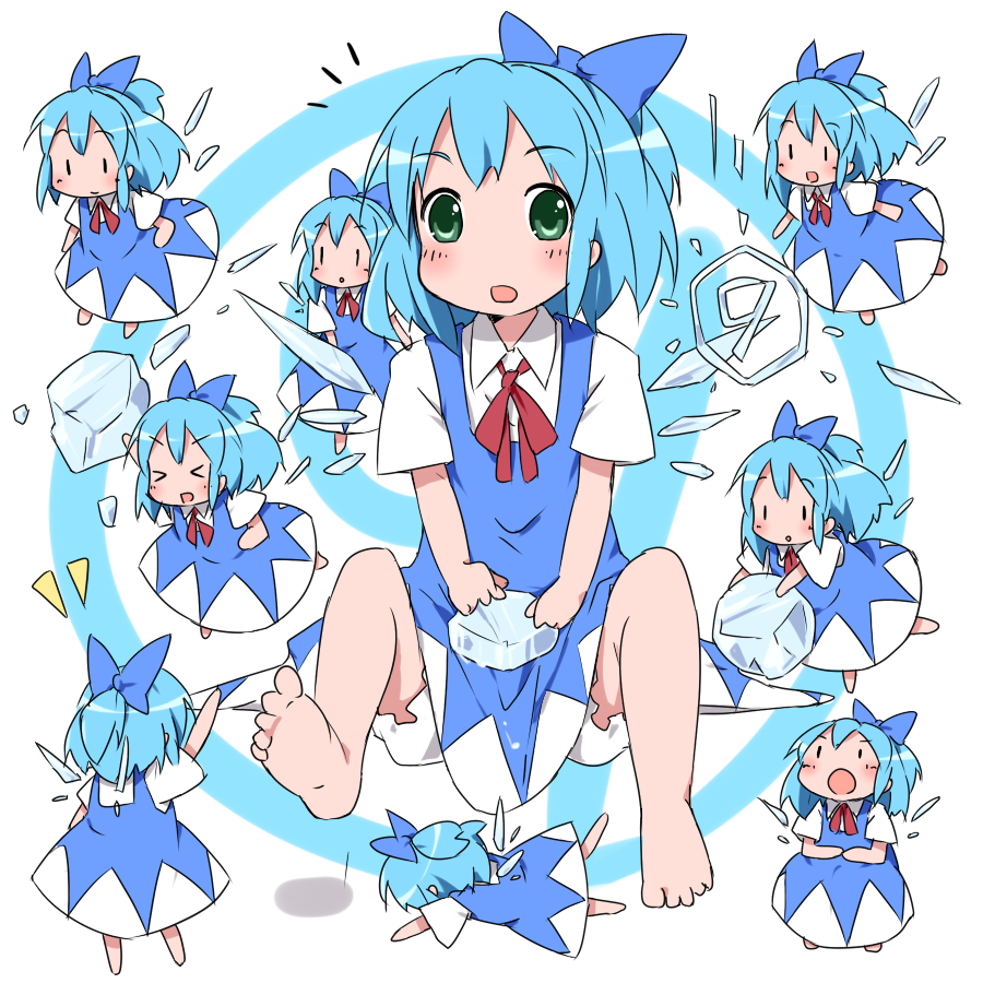 kareha aki, cirno, embodiment of scarlet devil, touhou, bad id, bad pixiv id, 6+girls, barefoot, blue hair, bow, circled 9, clone, feet, green eyes, hair bow, ice, mini person, minigirl, multiple girls, wings