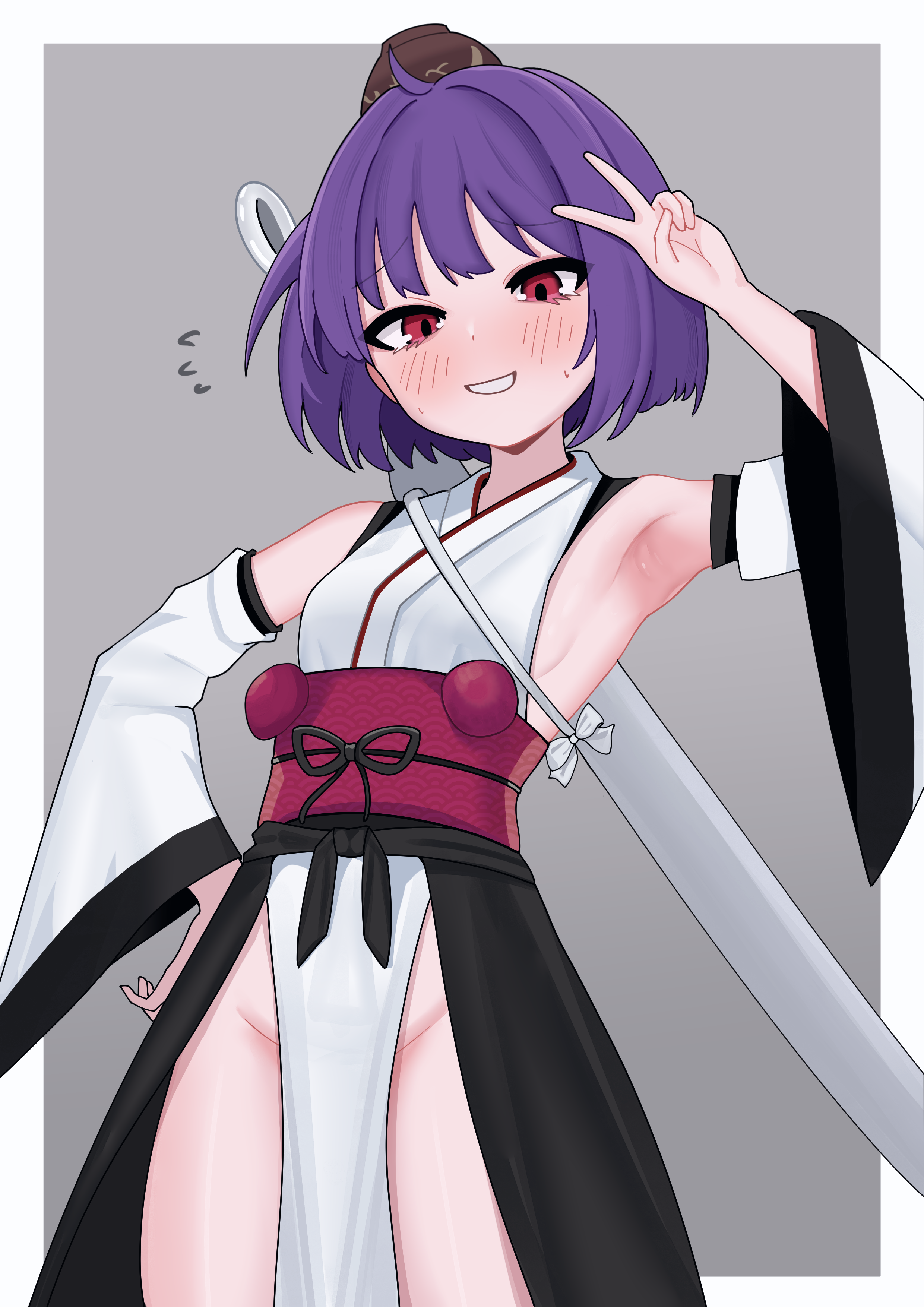 canonball (dungigi12), sukuna shinmyoumaru, touhou, absurdres, commentary request, highres, korean commentary, 1girl, ahoge, blush, border, bowl, bowl hat, breasts, detached sleeves, flying sweatdrops, grey background, groin, hat, kourindou tengu costume, looking at viewer, mini hat, needle sword, pelvic curtain, purple hair, red eyes, sash, short hair, sideboob, simple background, small breasts, smile, solo, v, white border
