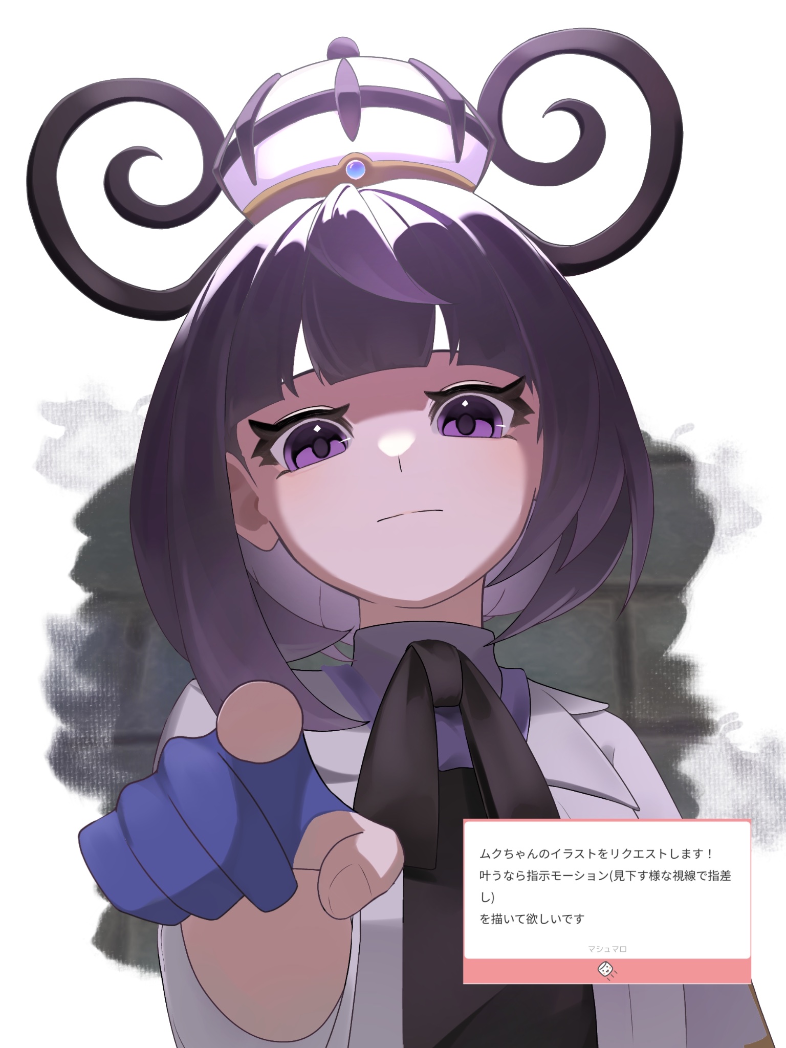 54fpdbbrwu11281, gwynn (pokemon), nintendo, pokemon, pokemon legends: z-a, highres, 1girl, black dress, black hair, blue gloves, blunt bangs, bob cut, closed mouth, coat, dress, gloves, gradient hair, hat, long sleeves, looking at viewer, marshmallow (site), mega stone, multicolored hair, open clothes, open coat, partially fingerless gloves, pointing, pointing at viewer, purple eyes, purple hair, short hair, solo, upper body, white coat