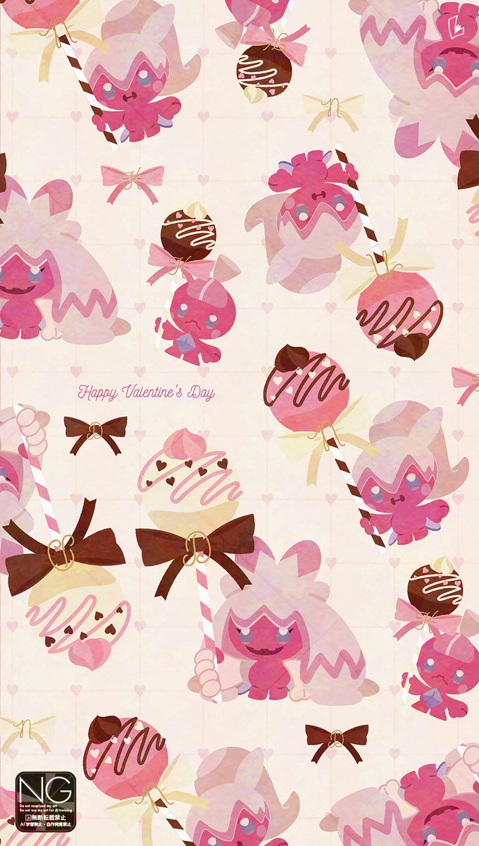 meme (sleepsheep), tinkatink, tinkaton, tinkatuff, nintendo, pokemon, highres, bow, brown bow, candy, chocolate, closed mouth, colored skin, evolutionary line, fangs, food, holding, holding candy, holding food, holding lollipop, lollipop, open mouth, pink bow, pink skin, pokemon (creature), pokemon focus, skin fangs, smile, white bow