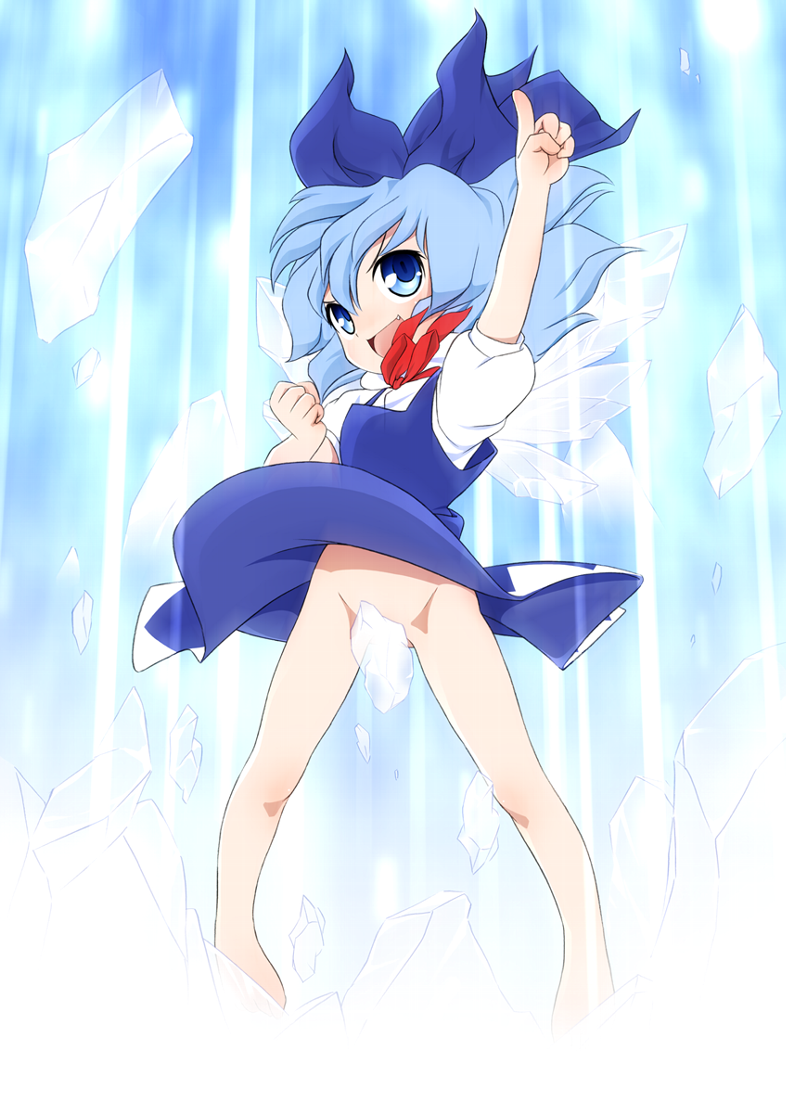 pikuseru, cirno, embodiment of scarlet devil, touhou, bad id, blue eyes, blue hair, bottomless, bow, censored, convenient censoring, fang, hair bow, ice, loli, no panties, short hair, wings