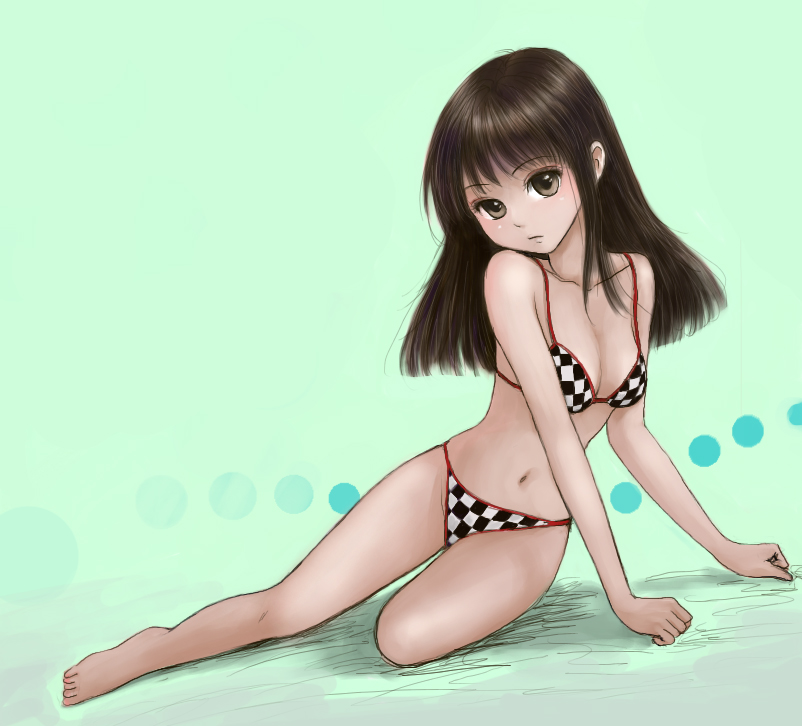 tama (tama's website), original, 1girl, barefoot, bikini, black hair, breasts, brown eyes, cleavage, female focus, legs, lips, long hair, looking at viewer, lowleg, navel, solo, strap gap, swimsuit