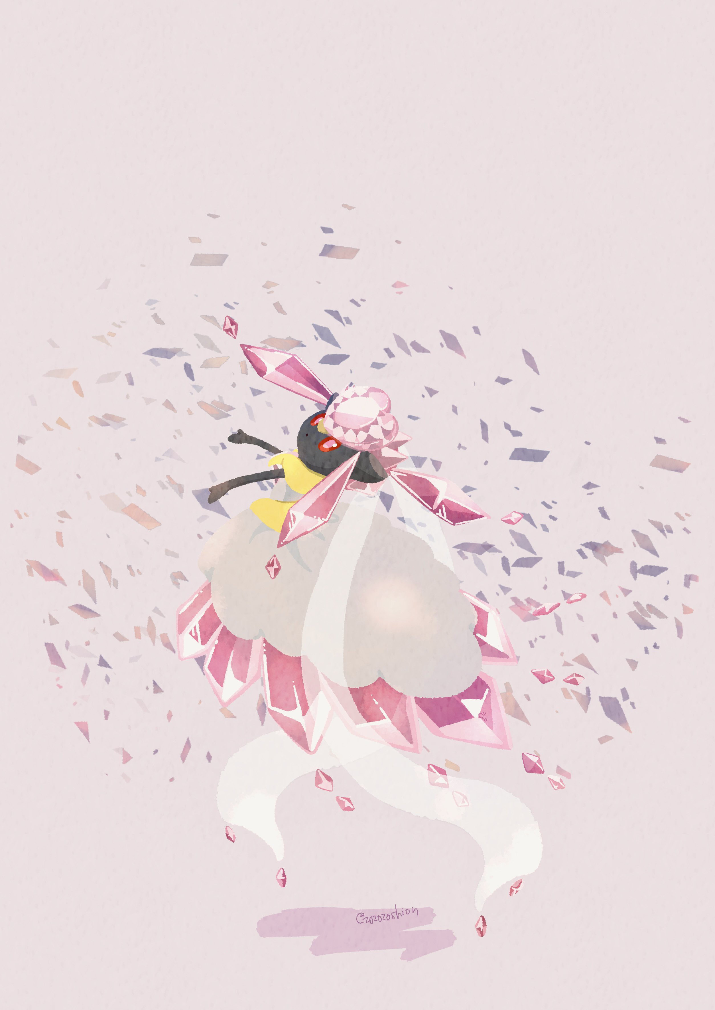 zozozoshion, diancie, mega diancie, nintendo, pokemon, absurdres, highres, colored sclera, crystal, dress, full body, gem, gen 6 pokemon, legendary pokemon, mega pokemon, mythical pokemon, no humans, pink eyes, pink gemstone, pink hair, pokemon (creature), pokemon focus, red eyes, red sclera, solo