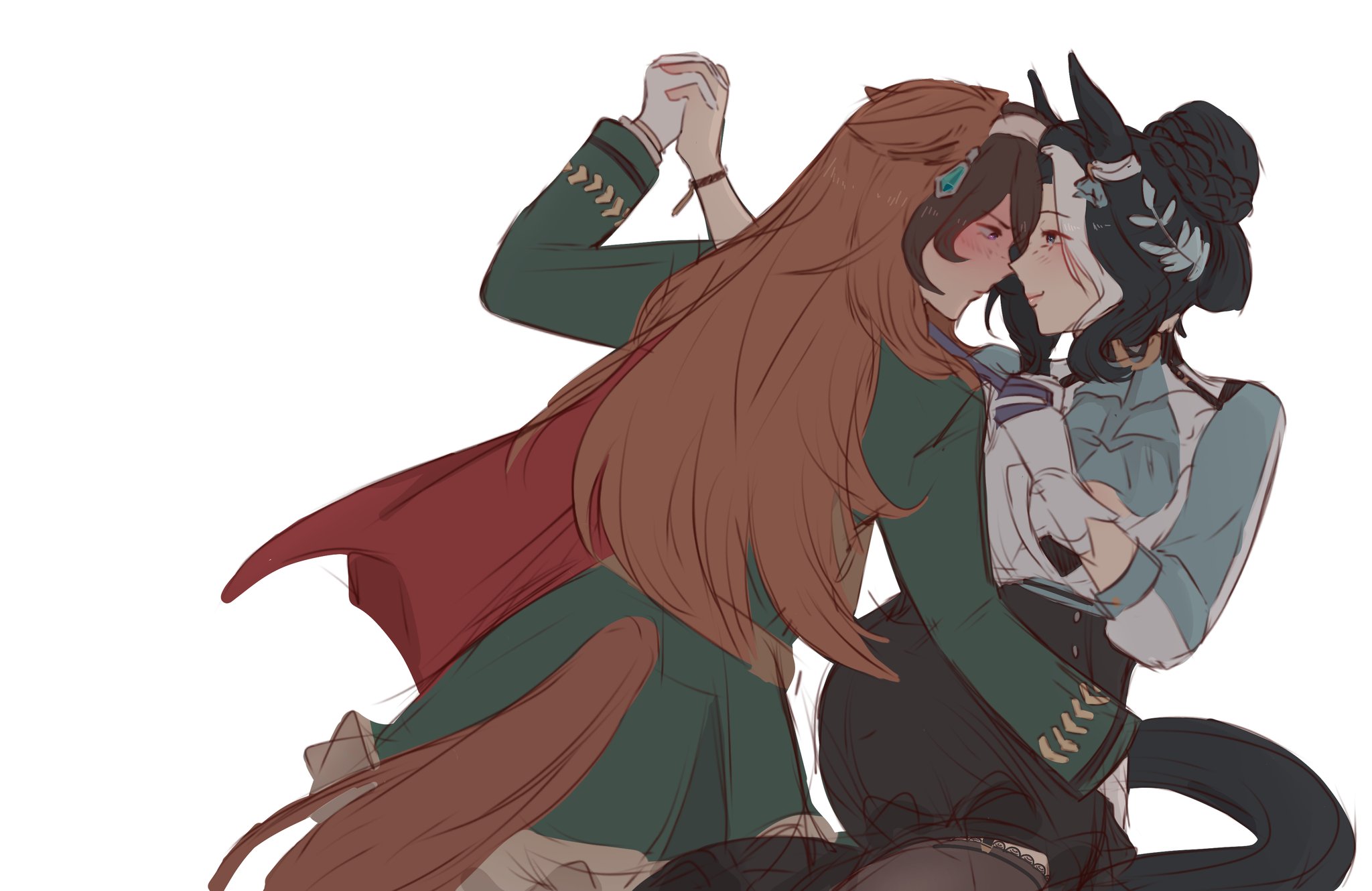 mejiro ramonu (onyx line) (umamusume), mejiro ramonu (umamusume), symboli rudolf (emperor's path) (umamusume), symboli rudolf (umamusume), umamusume, highres, 2girls, animal ears, aqua ascot, ascot, black hair, black skirt, blue ascot, blue shirt, blush, braid, braided bun, breasts, brown hair, cape, closed mouth, earrings, gloves, green jacket, green skirt, hair between eyes, hair bun, holding hands, horse ears, horse girl, horse tail, jacket, jewelry, long hair, long sleeves, looking at another, multicolored hair, multiple girls, purple eyes, red cape, shirt, side cape, simple background, single earring, single glove, skaj, skirt, smile, streaked hair, tail, white background, white gloves, white hair, yuri