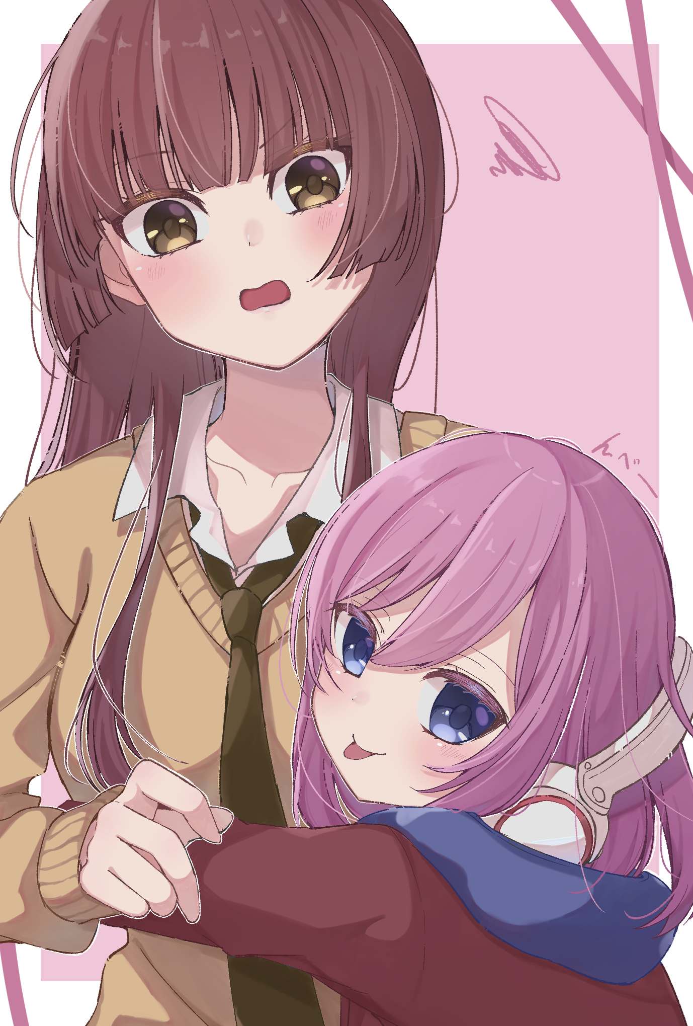 mizusawa matsuri, taniguchi harumi, citrus (saburouta), highres, 2girls, aihara academy school uniform, blue eyes, blush, breasts, brown hair, headphones, headphones around neck, hood, hooded sweater, long hair, looking at viewer, multiple girls, mutsuki ringo (usaringo2525), open mouth, pink hair, school uniform, shirt, short hair, smile, sweater, yuri