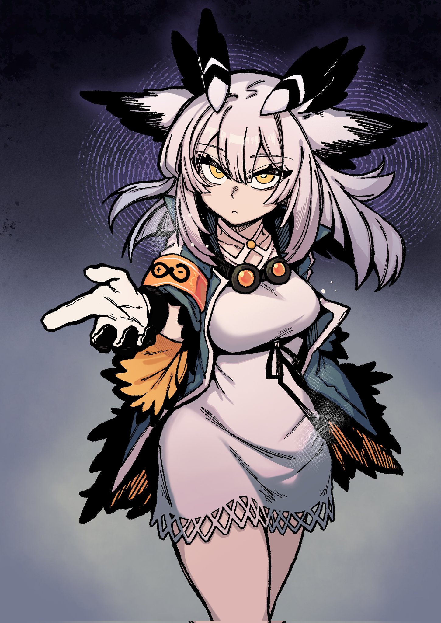 ptilopsis (arknights), arknights, highres, 1girl, amaya 5321, breasts, bright pupils, collarbone, double-parted bangs, dress, gloves, gradient background, green jacket, hair between eyes, jacket, looking at viewer, medium breasts, medium hair, owl ears, owl girl, short dress, sleeveless, sleeveless dress, solo, standing, white dress, white hair, white pupils, yellow eyes