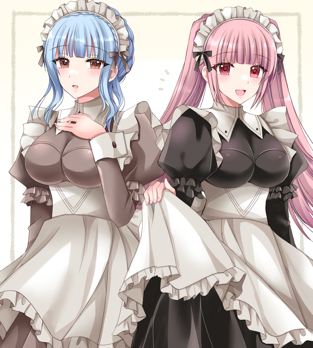kirishima riona, hilda valentine goneril, marianne von edmund, fire emblem, fire emblem: three houses, nintendo, highres, 2girls, apron, black dress, blue hair, blush, braid, breasts, brown eyes, crown braid, dress, grey dress, headdress, large breasts, long hair, long sleeves, looking at viewer, maid, maid apron, maid headdress, multiple girls, open mouth, pink eyes, pink hair, simple background, smile, twintails, white apron
