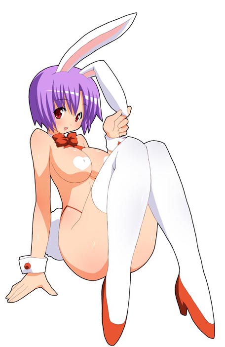shishimaru ken'ya, original, 1girl, animal ears, bow, breasts, female focus, full body, heart, high heels, large breasts, pasties, purple hair, rabbit ears, rabbit tail, red eyes, shoes, short hair, simple background, sitting, solo, tail, thighhighs, white background, white thighhighs, wrist cuffs