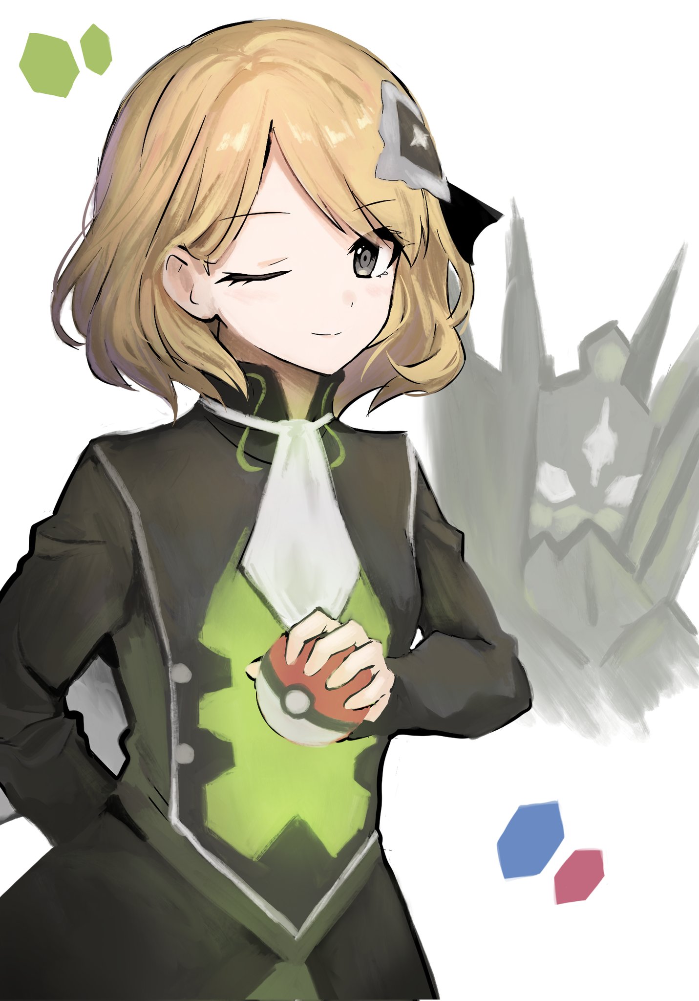 dopu (doremipurin), serena (pokemon), serena (sygna suit) (pokemon), zygarde, zygarde (complete), nintendo, pokemon, pokemon masters ex, highres, 1girl, ascot, black ribbon, blonde hair, closed mouth, dress, eyelashes, gen 6 pokemon, green dress, grey eyes, hair ornament, hair ribbon, holding, holding poke ball, legendary pokemon, long sleeves, looking at viewer, official alternate costume, one eye closed, poke ball, poke ball (basic), pokemon (creature), ribbon, short hair, smile, white ascot