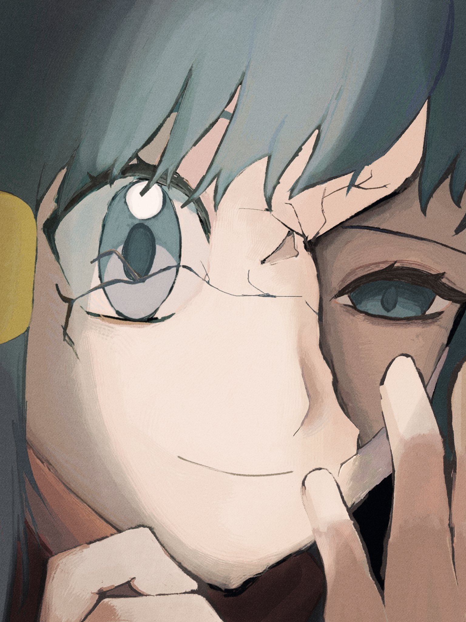 hiiro99522, dawn (pokemon), nintendo, pokemon, pokemon dppt, highres, 1girl, black hair, blue eyes, blue hair, broken mask, close-up, crack, cracked kawaii mask, cracked mask, eyelashes, grey eyes, hair ornament, hairclip, hand on own face, long hair, looking at viewer, mask, portrait, solo