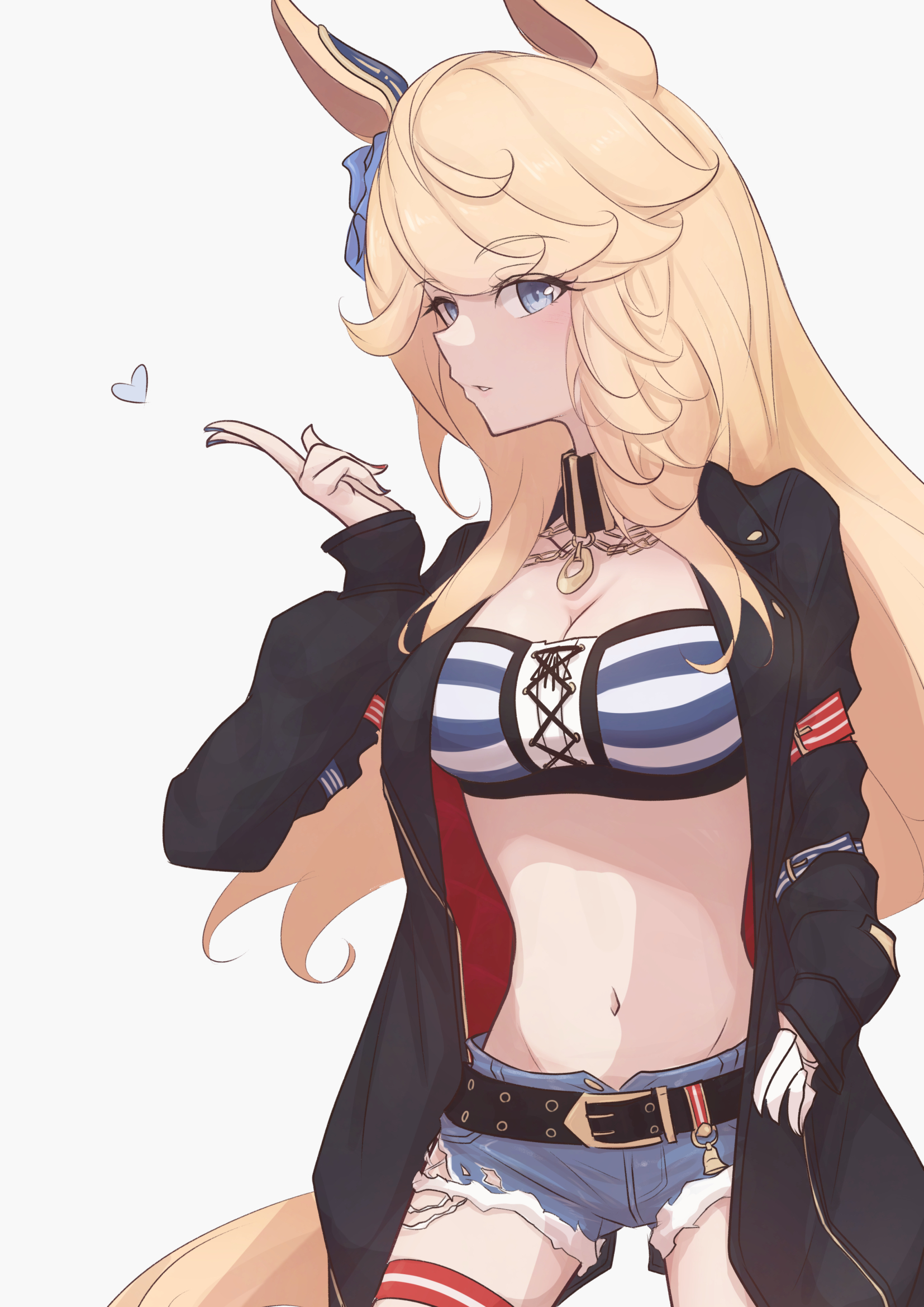 chahiro, gold city (authentic/1928) (umamusume), gold city (umamusume), umamusume, highres, 1girl, animal ears, bandeau, belt, black jacket, blonde hair, blue bow, blue eyes, blush, bow, breasts, chain, cleavage, cutoffs, denim, denim shorts, ear bow, gold chain, hand in pocket, heart, horse ears, horse girl, horse tail, jacket, long hair, long sleeves, looking at viewer, medium breasts, midriff, navel, open clothes, parted lips, shorts, simple background, solo, stomach, strapless, striped bandeau, tail, tube top